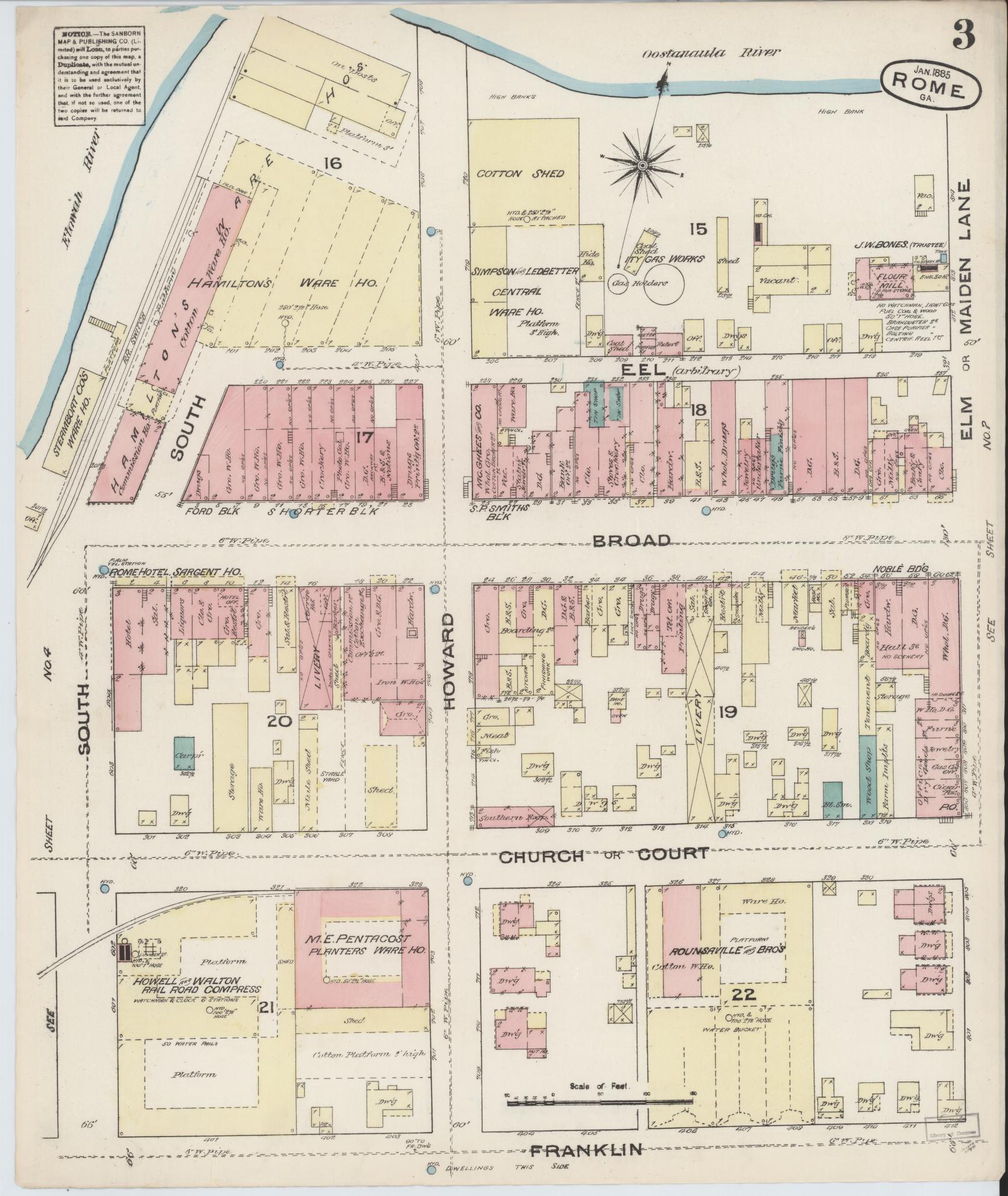 Sanborn Fire Insurance Map from Rome, Floyd County, Georgia (1885), Sheet #0003 - Historic Sanborn Fire Insurance Map Print, vintage old map wall art, antique decor, genealogy gift, Georgia Georgia map