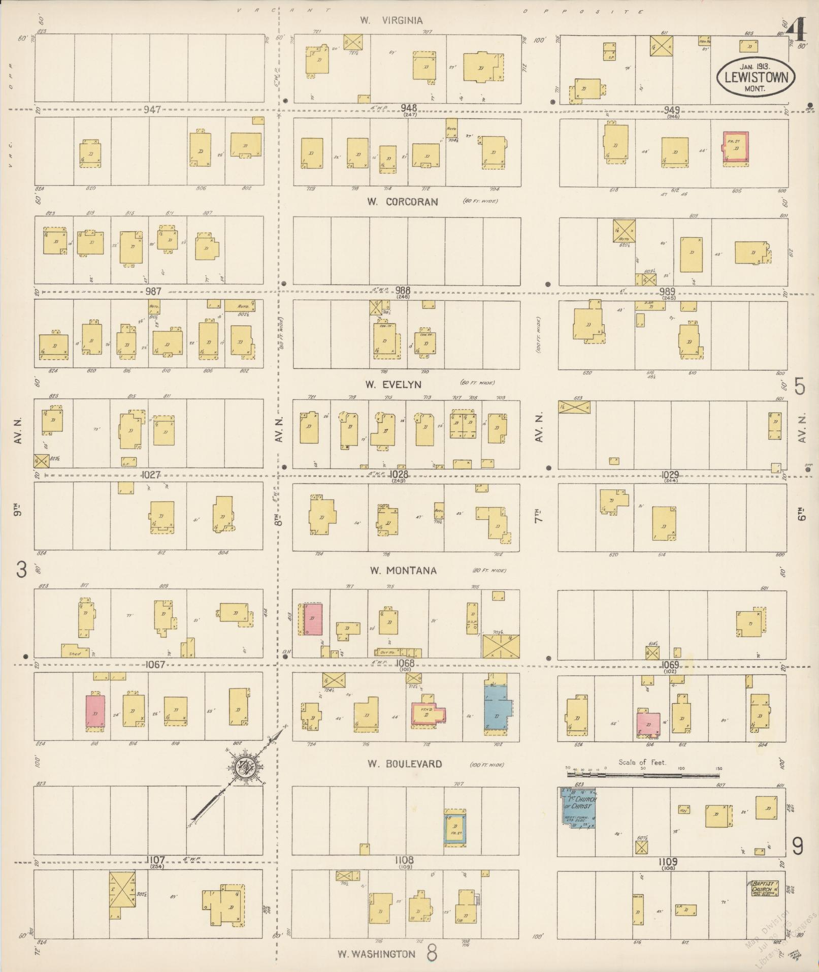 Sanborn Fire Insurance Map from Lewistown, Fergus County, Montana (1913), Sheet #0004 - Historic Sanborn Fire Insurance Map Print, vintage old map wall art, antique decor, genealogy gift, Montana Montana map