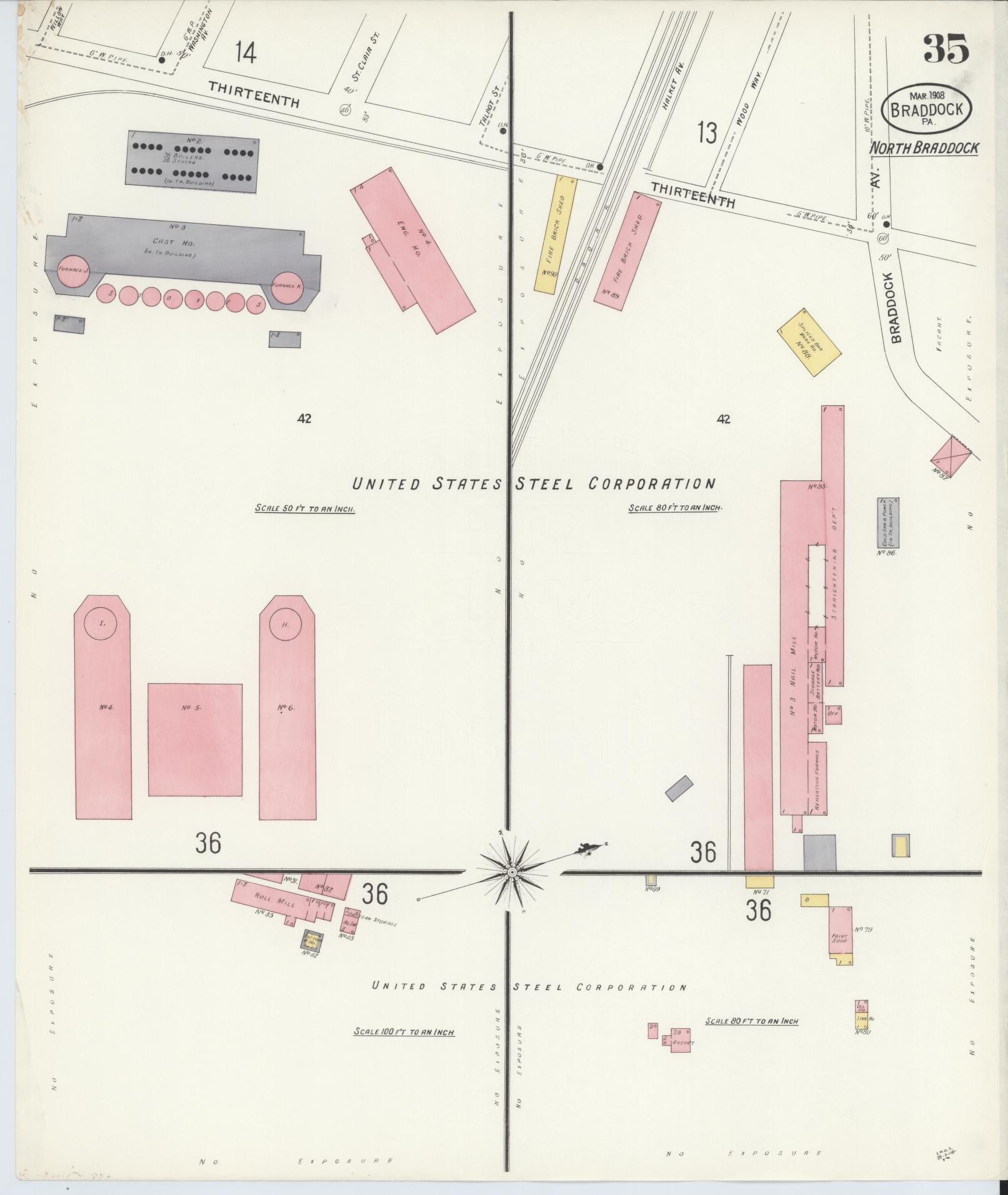 Sanborn Fire Insurance Map from Braddock, Allegheny County, Pennsylvania (1908), Sheet #0035 - Historic Sanborn Fire Insurance Map Print, vintage old map wall art, antique decor, genealogy gift, Pennsylvania Pennsylvania map