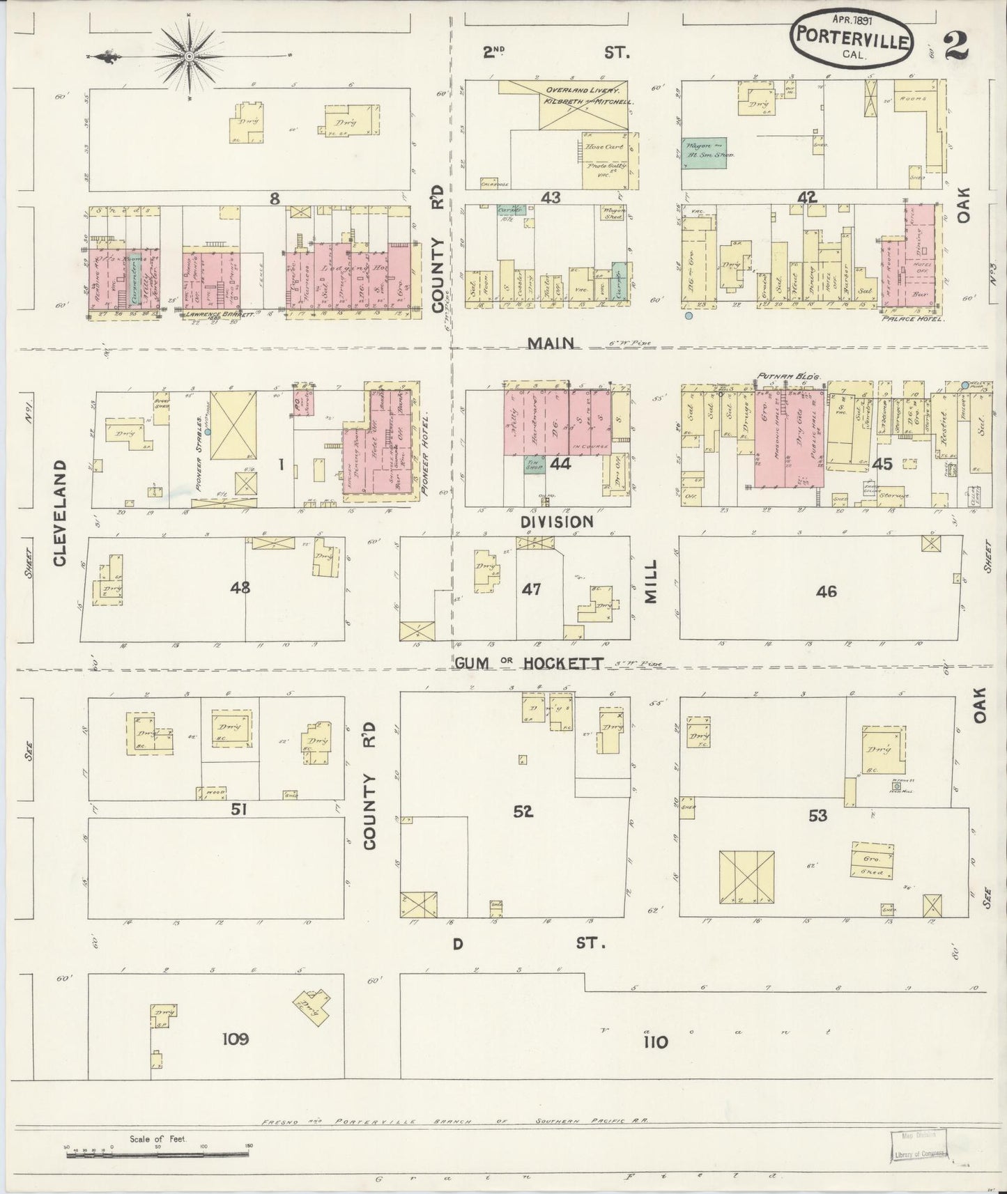 Sanborn Fire Insurance Map from Porterville, Tulare County, California (1891), Sheet #0002 - Complete Map Set gallery image, historic Sanborn map, vintage wall art, California California