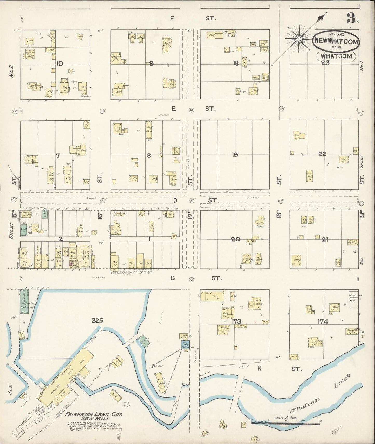 Sanborn Fire Insurance Map from New Whatcom, Whatcom County, Washington (1890), Sheet #0003 - Historic Sanborn Fire Insurance Map Print, vintage old map wall art, antique decor, genealogy gift, Washington Washington map