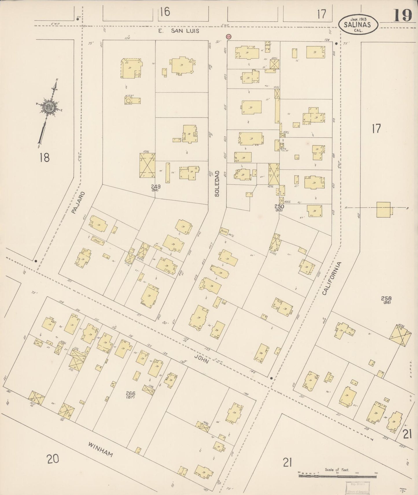 Sanborn Fire Insurance Map from Salinas, Monterey County, California (1913), Sheet #0019 - Complete Map Set gallery image, historic Sanborn map, vintage wall art, California California