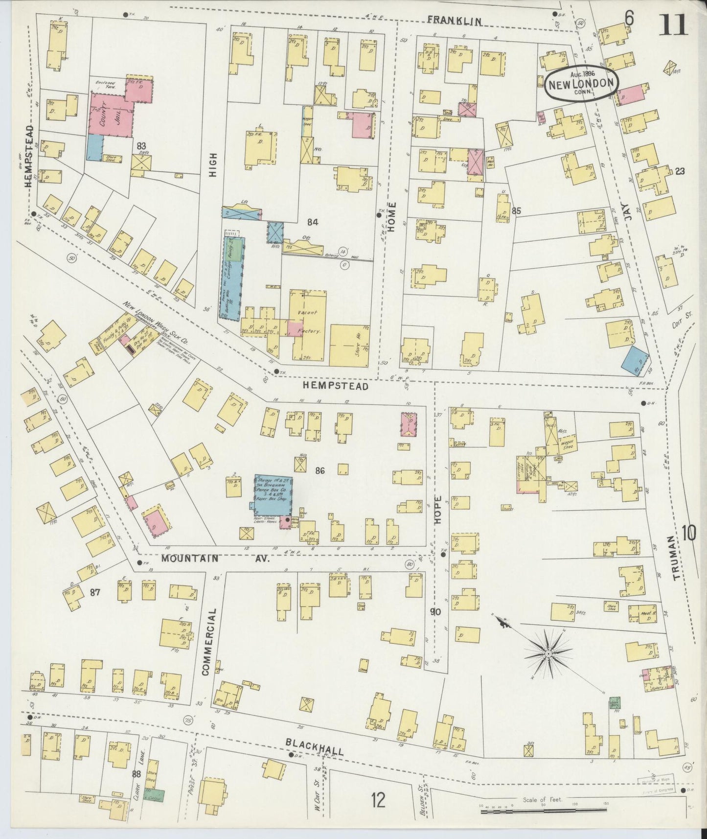 Sanborn Fire Insurance Map from New London, New London County, Connecticut (1896), Sheet #0011 - Complete Map Set gallery image, historic Sanborn map, vintage wall art, Connecticut Connecticut