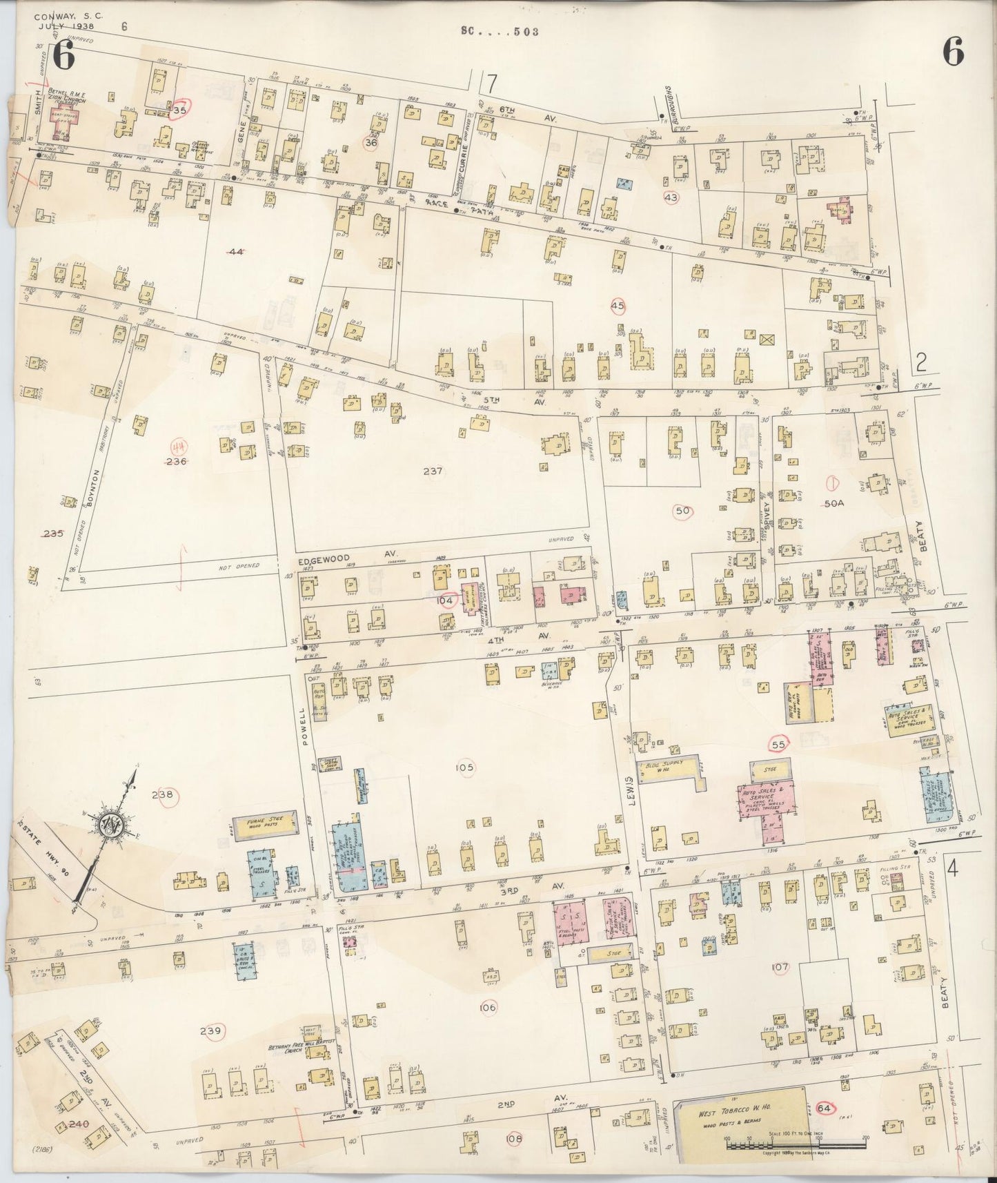 Sanborn Fire Insurance Map from Conway, Horry County, South Carolina (1949), Sheet #0006 - Complete Map Set gallery image, historic Sanborn map, vintage wall art, South Carolina South Carolina