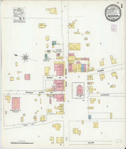 Sanborn Fire Insurance Map from Warrenton, Warren County, Georgia (1901), Sheet #0001 - Historic Sanborn Fire Insurance Map Print, vintage old map wall art, antique decor, genealogy gift, Georgia Georgia map