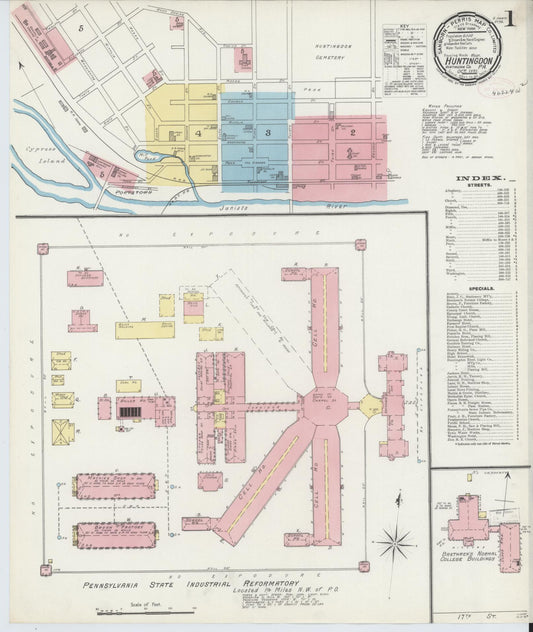 Sanborn Fire Insurance Map from Huntingdon, Huntingdon County, Pennsylvania (1891), Sheet #0001 - Historic Sanborn Fire Insurance Map Print, vintage old map wall art, antique decor, genealogy gift, Pennsylvania Pennsylvania map