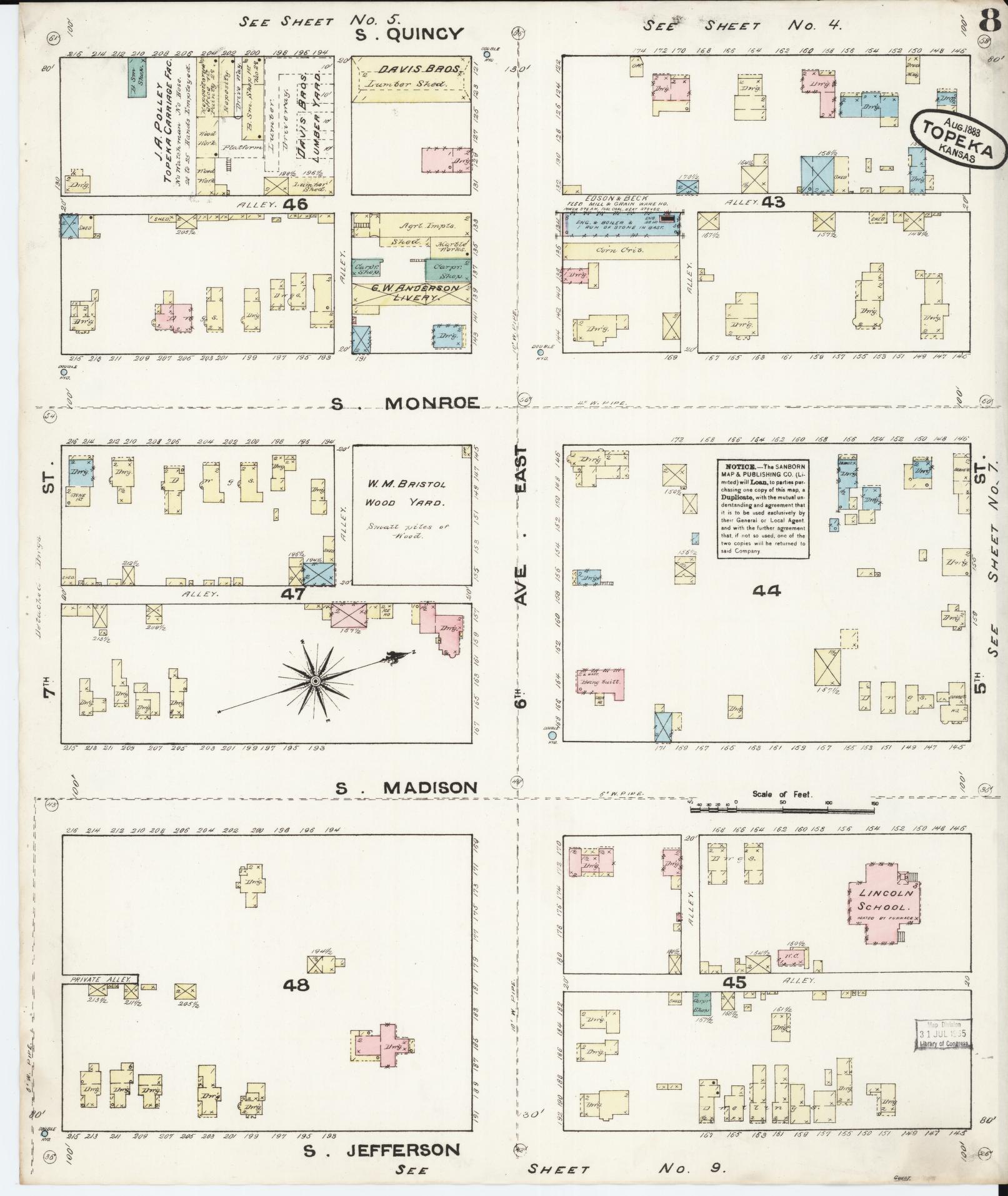 Sanborn Fire Insurance Map from Topeka, Shawnee County, Kansas (1883), Sheet #0008 - Complete Map Set gallery image, historic Sanborn map, vintage wall art, Kansas Kansas