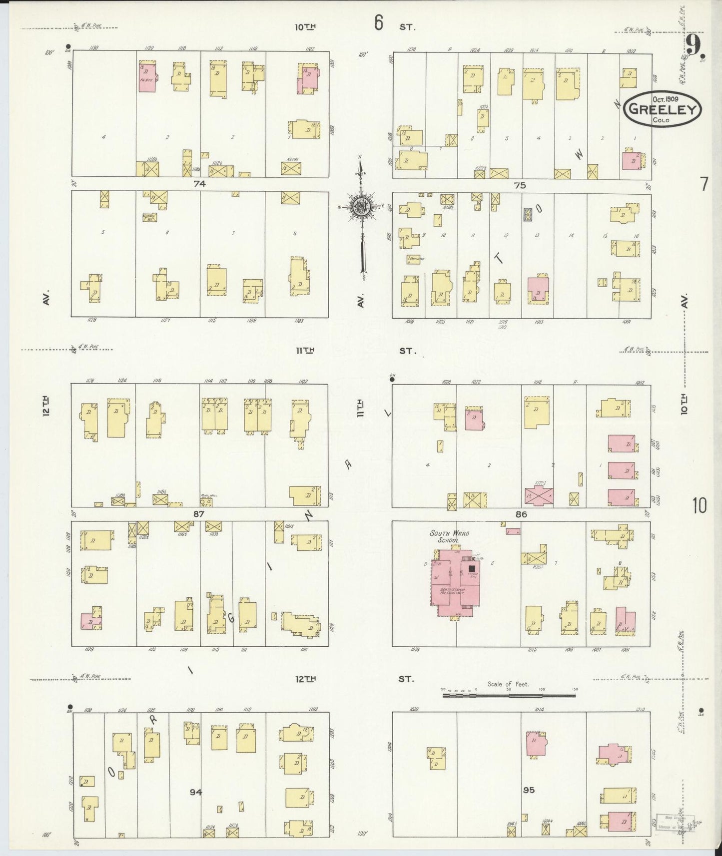Sanborn Fire Insurance Map from Greeley, Weld County, Colorado (1909), Sheet #0009 - Historic Sanborn Fire Insurance Map Print, vintage old map wall art, antique decor, genealogy gift, Colorado Colorado map