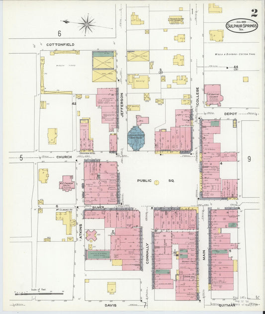 Sanborn Fire Insurance Map from Sulphur Springs, Hopkins County, Texas (1909), Sheet #0002 - Historic Sanborn Fire Insurance Map Print, vintage old map wall art, antique decor, genealogy gift, Texas Texas map