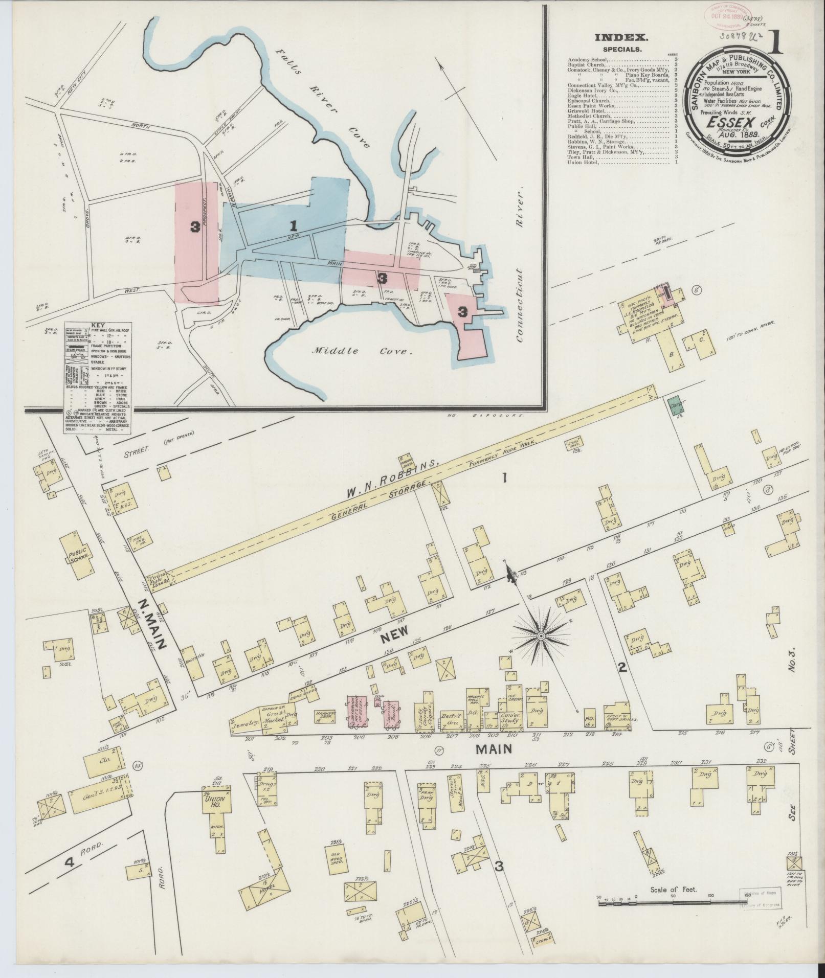 Sanborn Fire Insurance Map from Essex, Middlesex County, Connecticut (1889), Sheet #0001 - Complete Map Set gallery image, historic Sanborn map, vintage wall art, Connecticut Connecticut