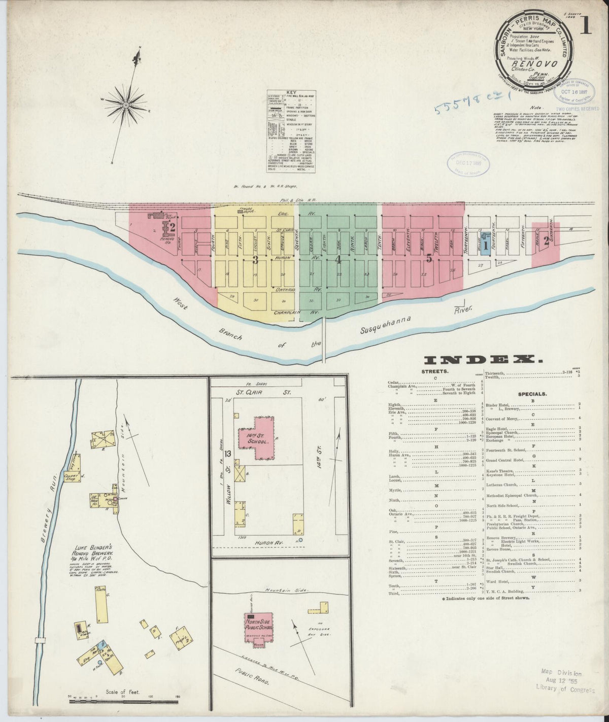 Sanborn Fire Insurance Map from Renovo, Clinton County, Pennsylvania (1897), Sheet #0001 - Historic Sanborn Fire Insurance Map Print, vintage old map wall art, antique decor, genealogy gift, Pennsylvania Pennsylvania map