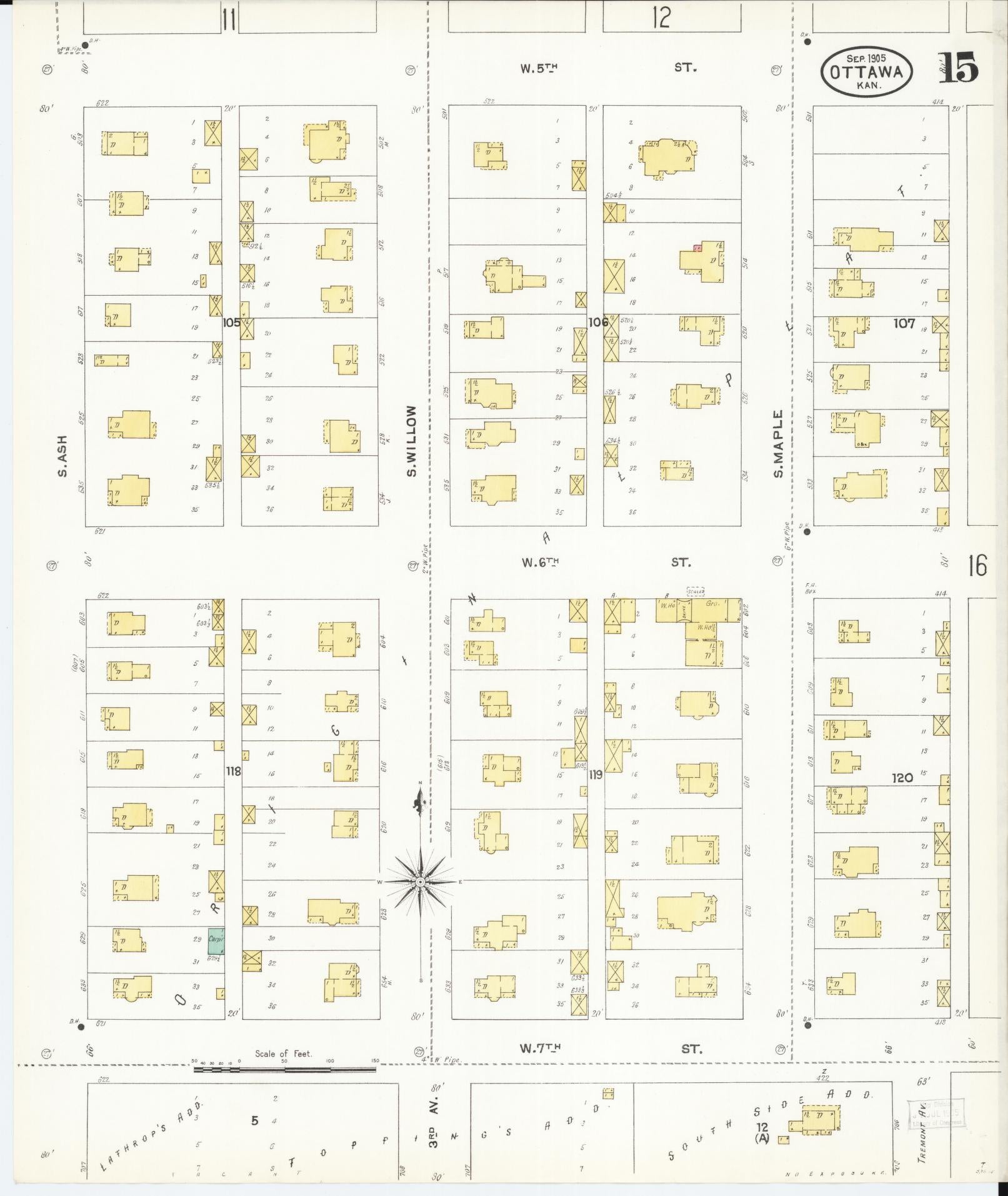 Sanborn Fire Insurance Map from Ottawa, Franklin County, Kansas (1905), Sheet #0015 - Complete Map Set gallery image, historic Sanborn map, vintage wall art, Kansas Kansas