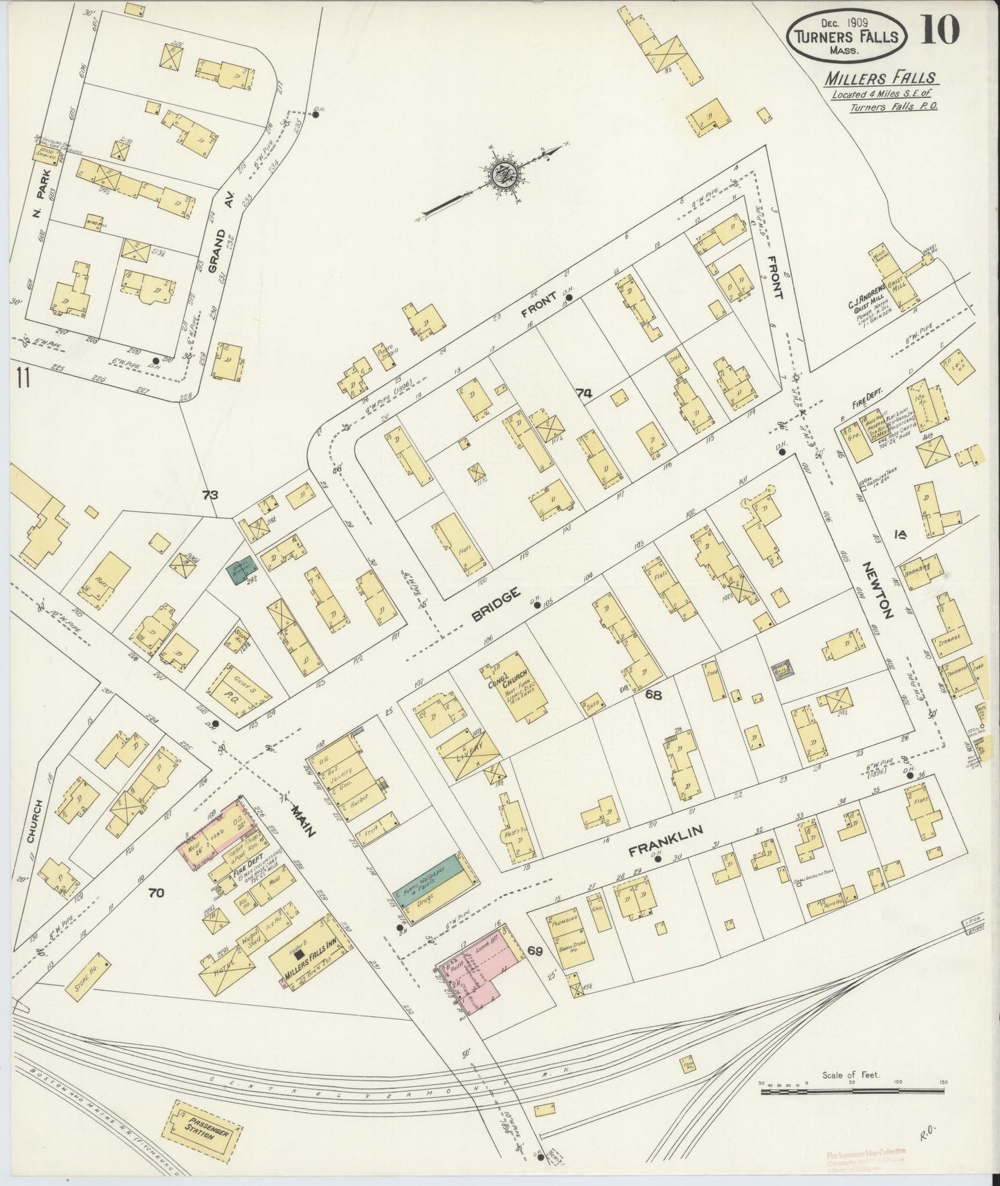 Sanborn Fire Insurance Map from Turners Falls, Franklin County, Massachusetts (1909), Sheet #0010 - Historic Sanborn Fire Insurance Map Print, vintage old map wall art, antique decor, genealogy gift, Massachusetts Massachusetts map