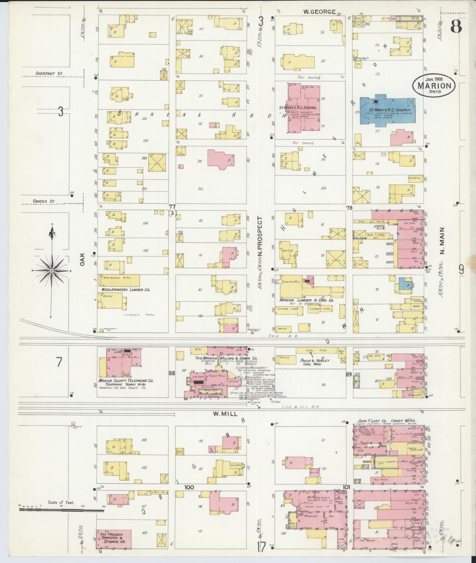Sanborn Fire Insurance Map from Marion, Marion County, Ohio (1908), Sheet #0008 - Historic Sanborn Fire Insurance Map Print, vintage old map wall art, antique decor, genealogy gift, Ohio Ohio map