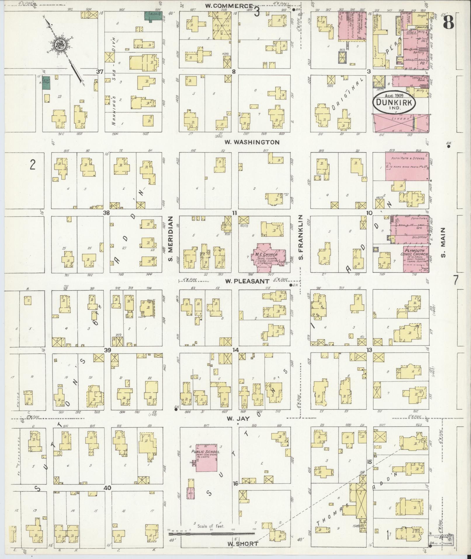 Sanborn Fire Insurance Map from Dunkirk, Jay And Blackford Counties, Indiana (1909), Sheet #0008 - Complete Map Set gallery image, historic Sanborn map, vintage wall art, Indiana Indiana