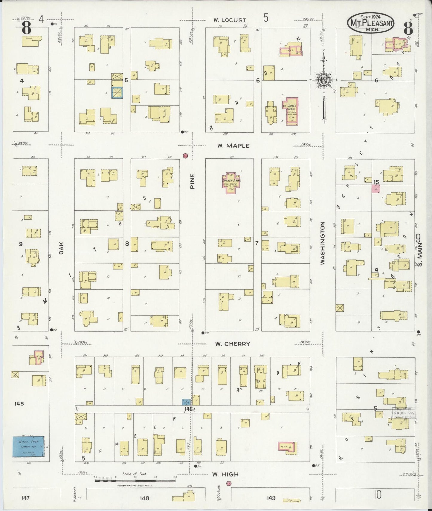 Sanborn Fire Insurance Map from Mount Pleasant, Isabella County, Michigan (1924), Sheet #0008 - Complete Map Set gallery image, historic Sanborn map, vintage wall art, Michigan Michigan