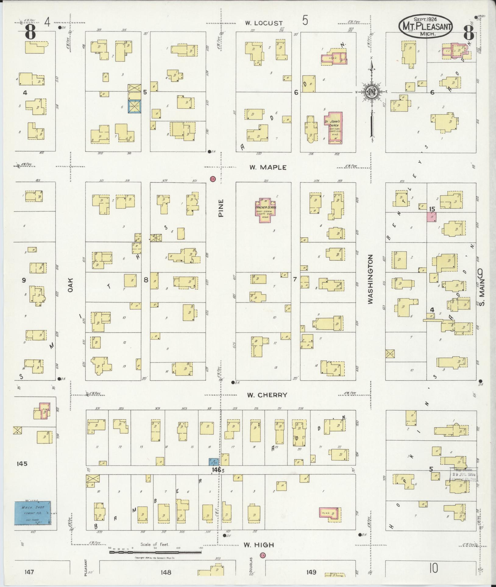 Sanborn Fire Insurance Map from Mount Pleasant, Isabella County, Michigan (1924), Sheet #0008 - Complete Map Set gallery image, historic Sanborn map, vintage wall art, Michigan Michigan