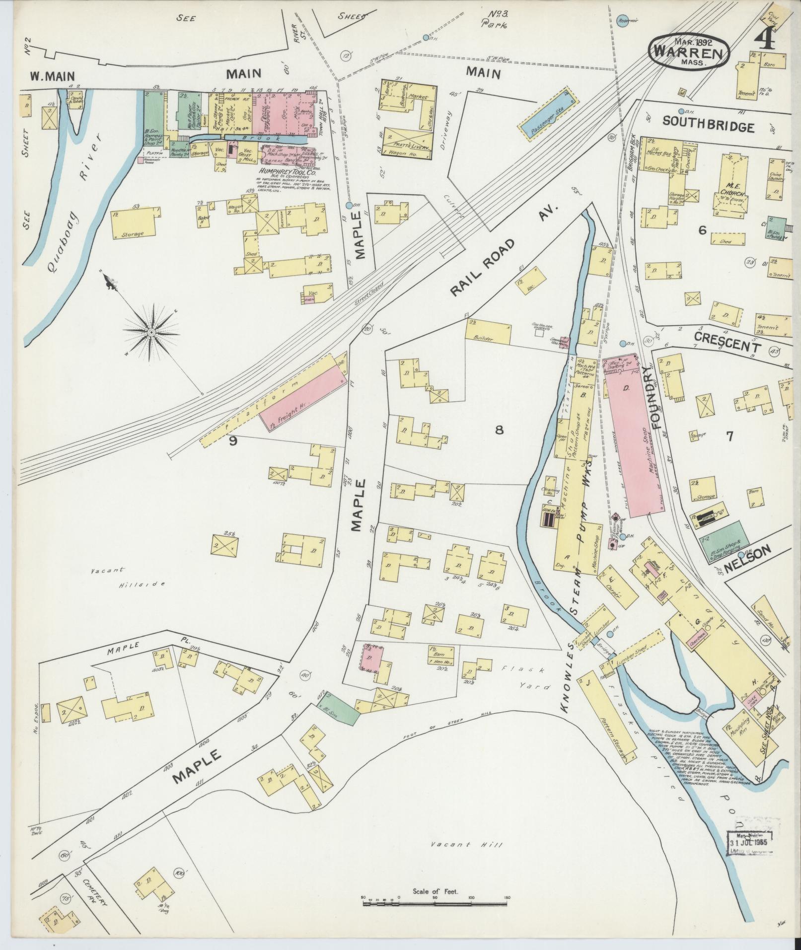 Sanborn Fire Insurance Map from Warren, Worcester County, Massachusetts (1892), Sheet #0004 - Historic Sanborn Fire Insurance Map Print, vintage old map wall art, antique decor, genealogy gift, Massachusetts Massachusetts map