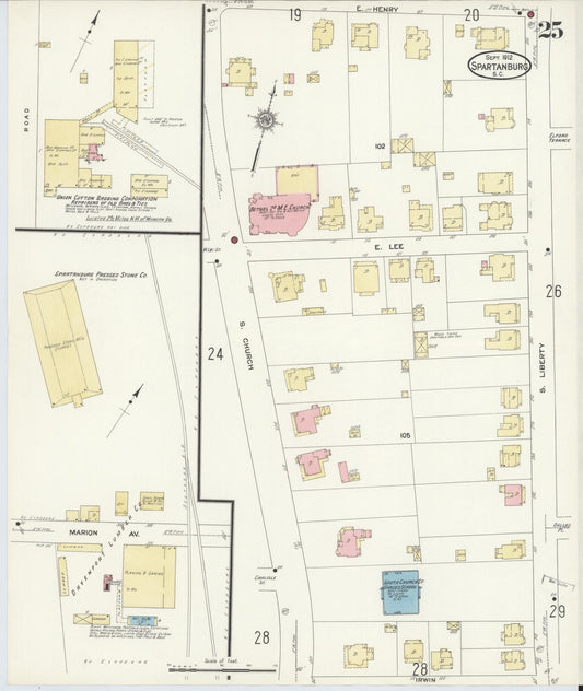 Sanborn Fire Insurance Map from Spartanburg, Spartanburg County, South Carolina (1912), Sheet #0025 - Historic Sanborn Fire Insurance Map Print, vintage old map wall art, antique decor, genealogy gift, South Carolina South Carolina map