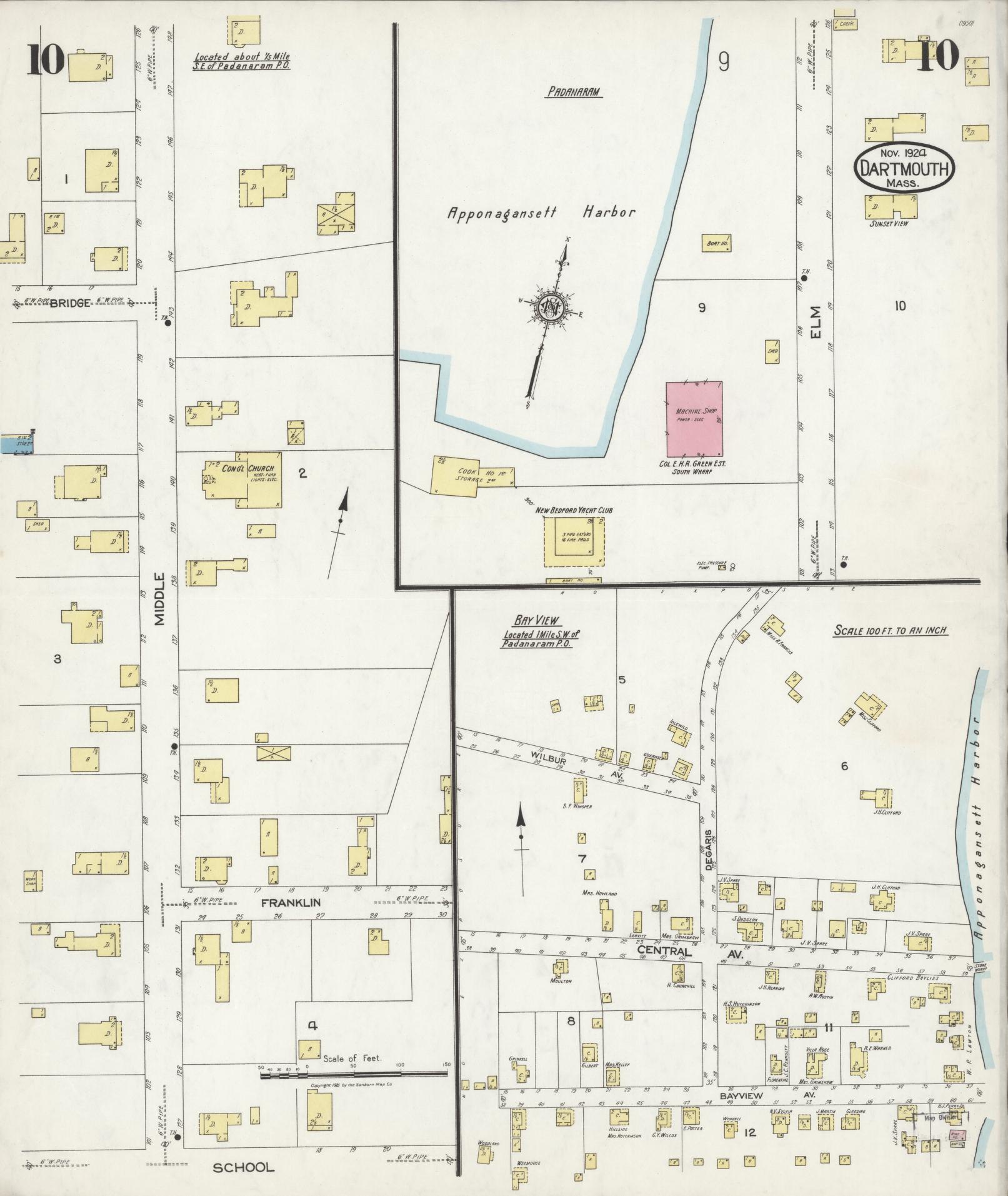 Sanborn Fire Insurance Map from Dartmouth, Bristol County, Massachusetts (1924), Sheet #0010 - Complete Map Set gallery image, historic Sanborn map, vintage wall art, Massachusetts Massachusetts
