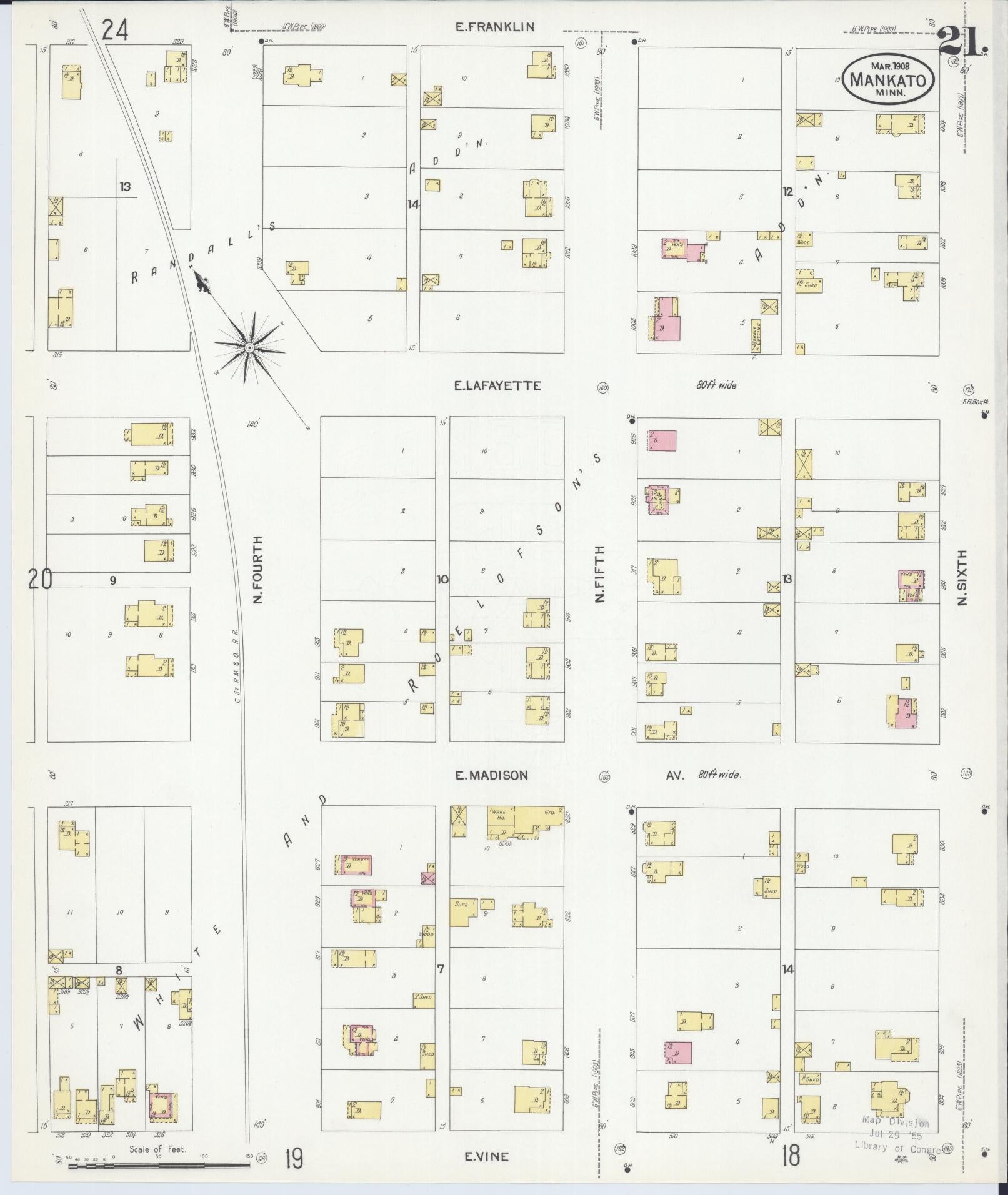 Sanborn Fire Insurance Map from Mankato, Blue Earth County, Minnesota (1908), Sheet #0021 - Historic Sanborn Fire Insurance Map Print, vintage old map wall art, antique decor, genealogy gift, Minnesota Minnesota map