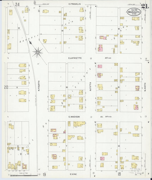 Sanborn Fire Insurance Map from Mankato, Blue Earth County, Minnesota (1908), Sheet #0021 - Historic Sanborn Fire Insurance Map Print, vintage old map wall art, antique decor, genealogy gift, Minnesota Minnesota map