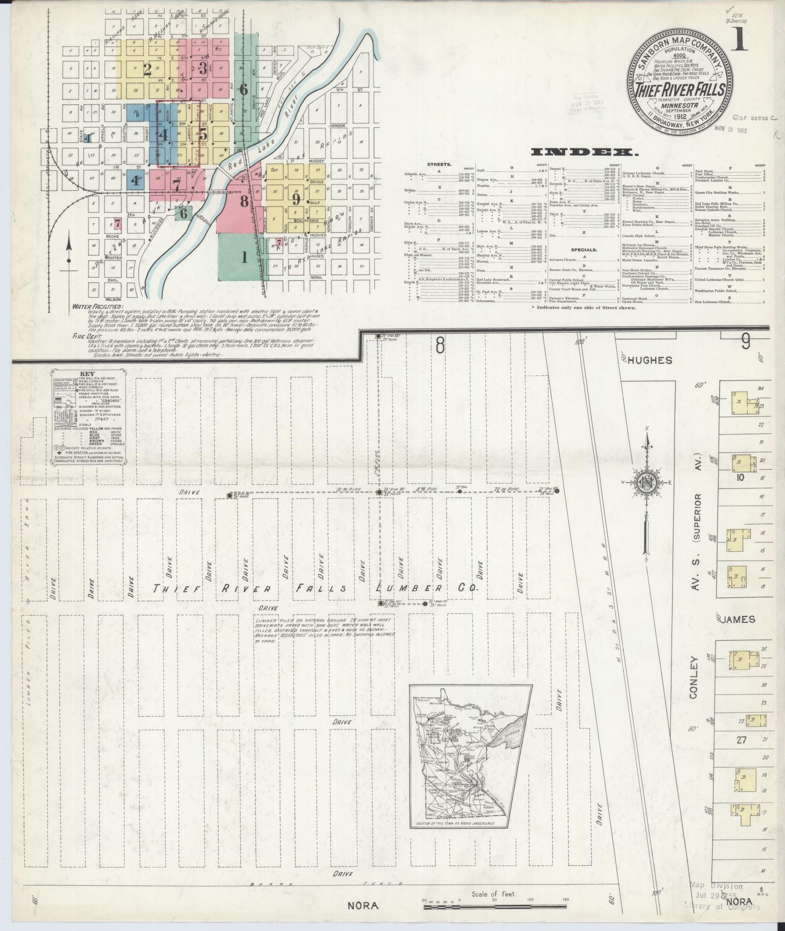 Sanborn Fire Insurance Map from Thief River Falls, Pennington County, Minnesota (1912), Sheet #0001 - Complete Map Set gallery image, historic Sanborn map, vintage wall art, Minnesota Minnesota