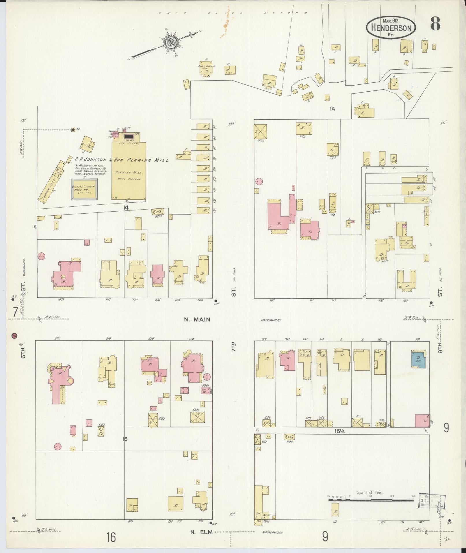 Sanborn Fire Insurance Map from Henderson, Henderson County, Kentucky (1913), Sheet #0008 - Historic Sanborn Fire Insurance Map Print, vintage old map wall art, antique decor, genealogy gift, Kentucky Kentucky map