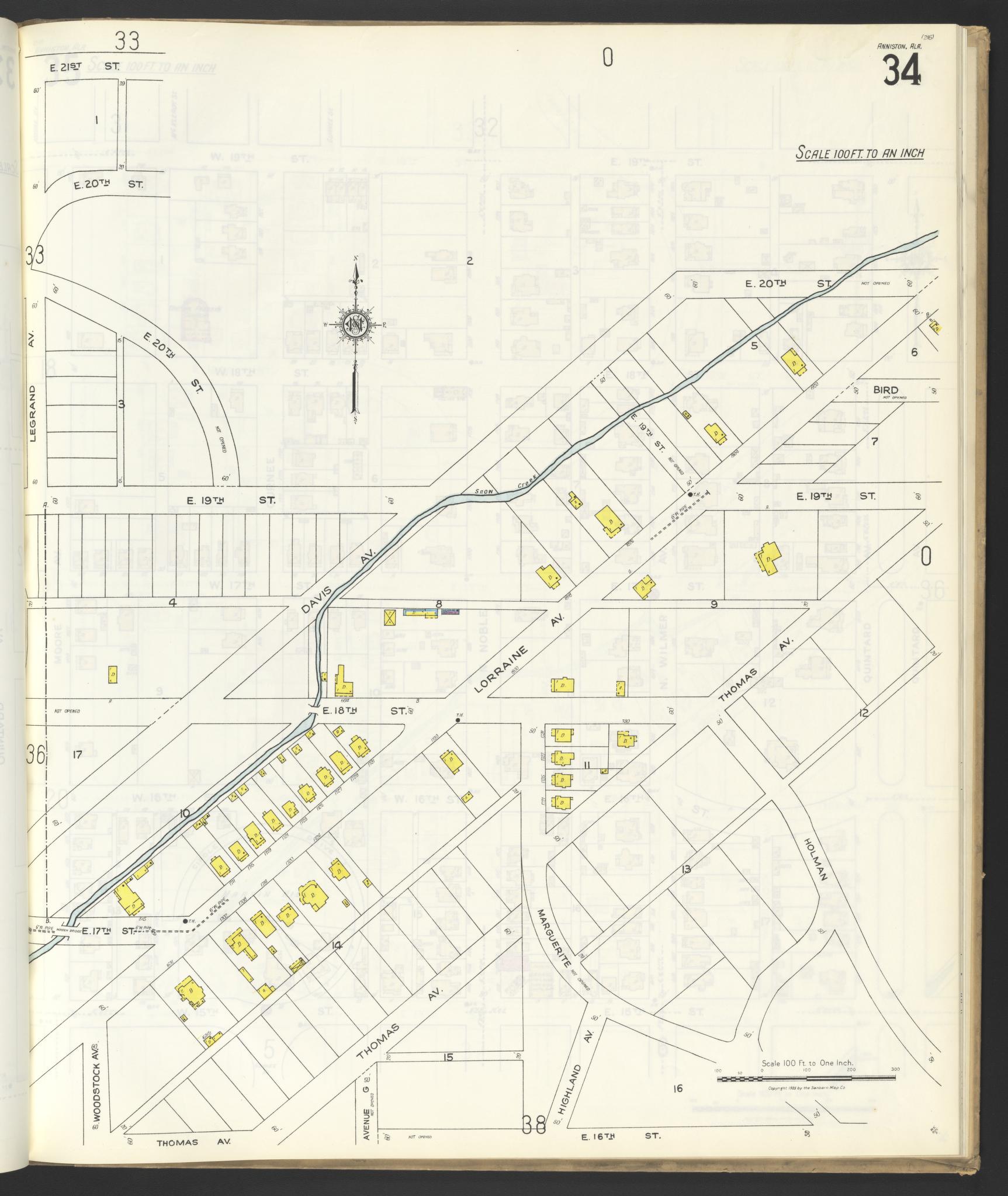 Sanborn Fire Insurance Map from Anniston, Calhoun County, Alabama (1925), Sheet #0034 - Historic Sanborn Fire Insurance Map Print, vintage old map wall art, antique decor, genealogy gift, Alabama Alabama map