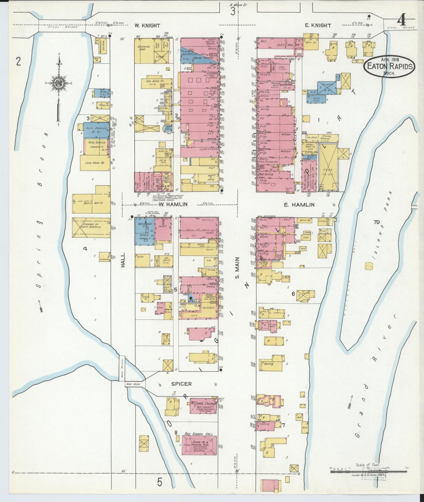 Sanborn Fire Insurance Map from Eaton Rapids, Eaton County, Michigan (1918), Sheet #0004 - Historic Sanborn Fire Insurance Map Print, vintage old map wall art, antique decor, genealogy gift, Michigan Michigan map