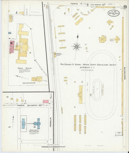 Sanborn Fire Insurance Map from Mineola, Nassau County, New York (1908), Sheet #0009 - Historic Sanborn Fire Insurance Map Print, vintage old map wall art, antique decor, genealogy gift, New York New York map