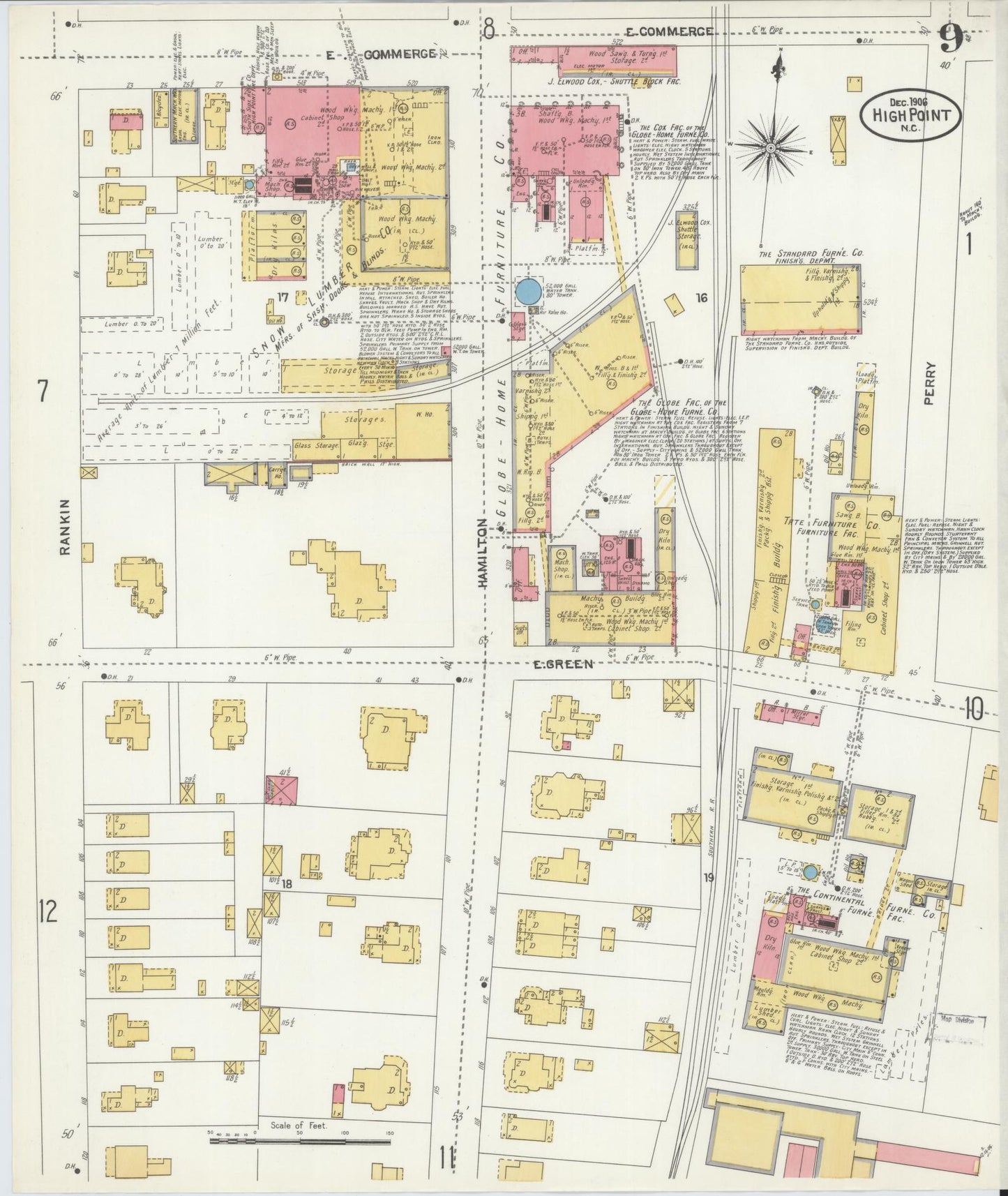 Sanborn Fire Insurance Map from High Point, Guilford County, North Carolina (1906), Sheet #0009 - Complete Map Set gallery image, historic Sanborn map, vintage wall art, North Carolina North Carolina