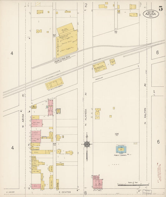 Sanborn Fire Insurance Map from Azusa, Los Angeles County, California (1912), Sheet #0005 - Historic Sanborn Fire Insurance Map Print, vintage old map wall art, antique decor, genealogy gift, California California map