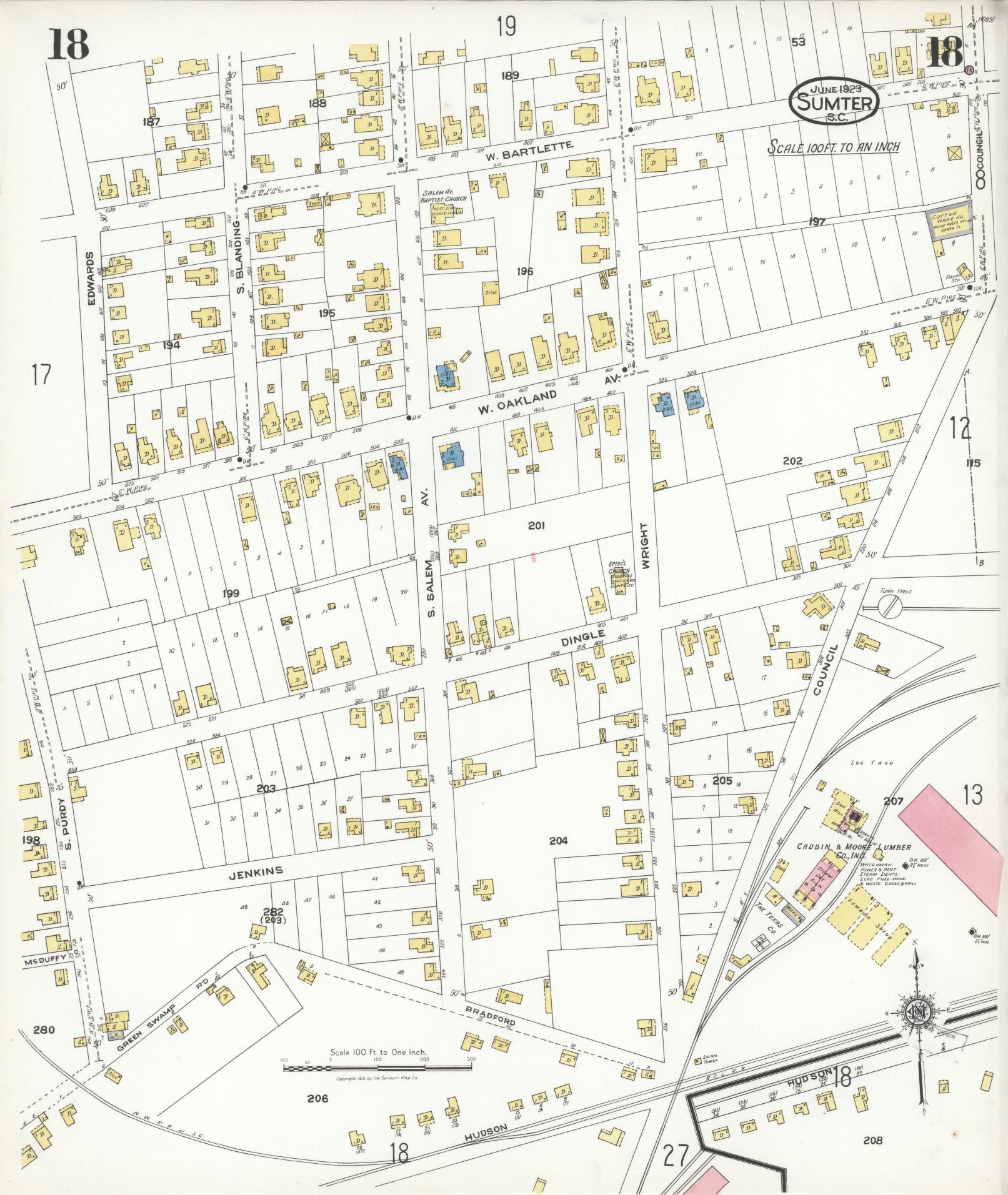 Sanborn Fire Insurance Map from Sumter, Sumter County, South Carolina (1923), Sheet #0018 - Historic Sanborn Fire Insurance Map Print, vintage old map wall art, antique decor, genealogy gift, South Carolina South Carolina map