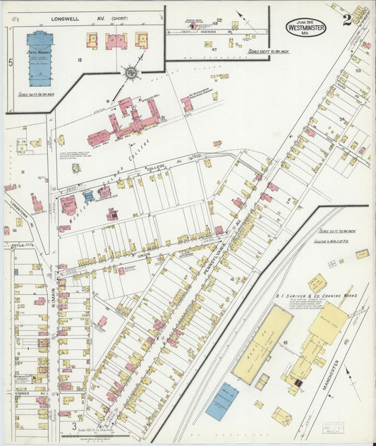 Sanborn Fire Insurance Map from Westminster, Carroll County, Maryland (1918), Sheet #0002 - Historic Sanborn Fire Insurance Map Print, vintage old map wall art, antique decor, genealogy gift, Maryland Maryland map