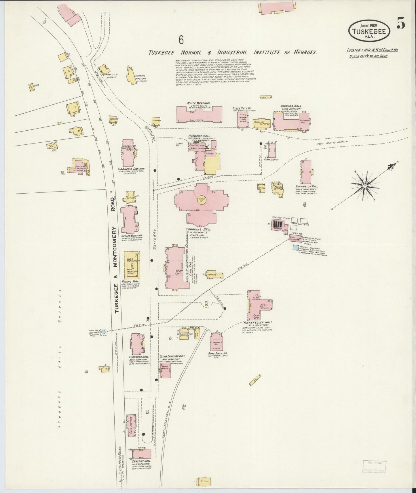 Sanborn Fire Insurance Map from Tuskegee, Macon County, Alabama (1909), Sheet #0005 - Historic Sanborn Fire Insurance Map Print, vintage old map wall art, antique decor, genealogy gift, Alabama Alabama map
