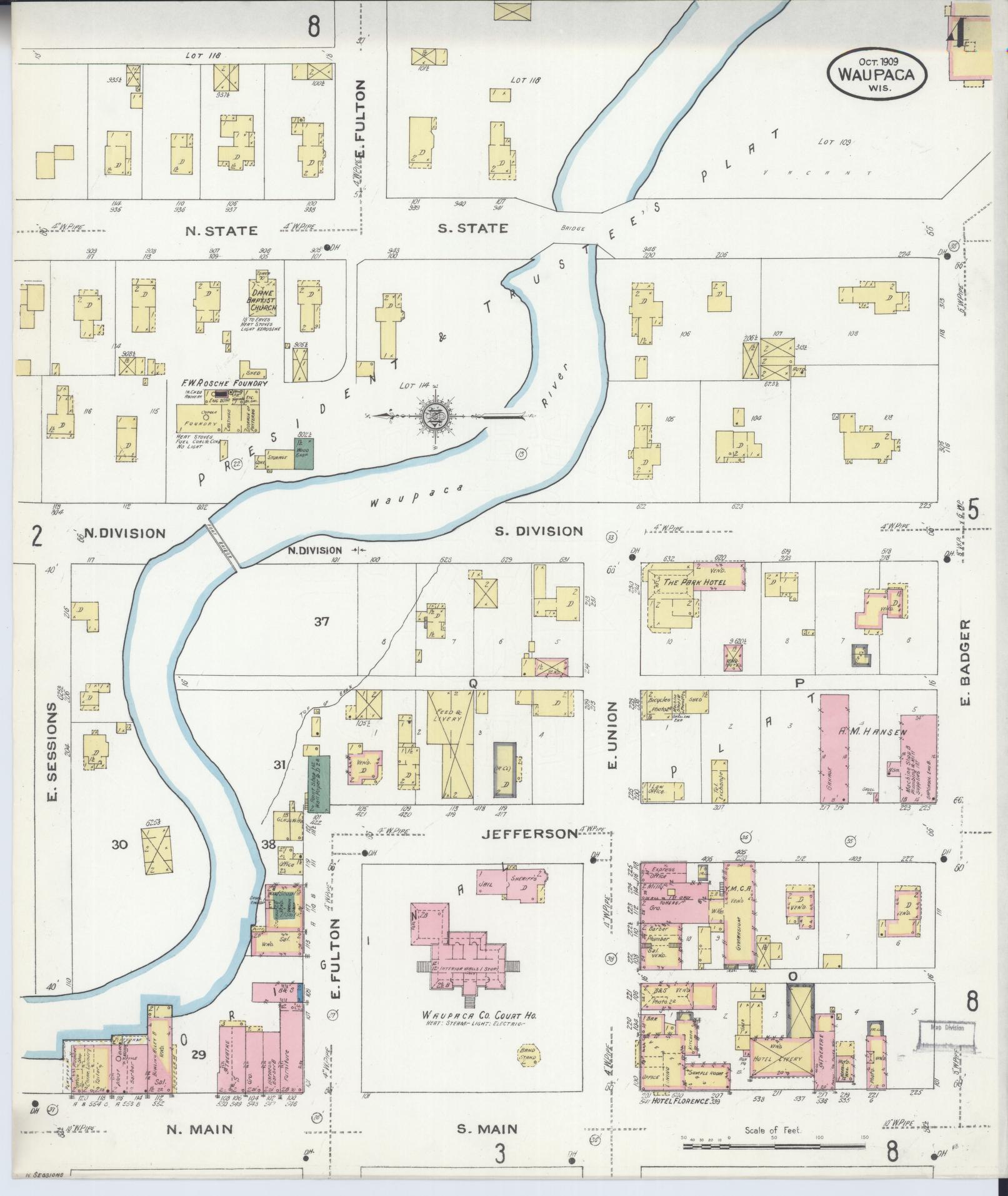 Sanborn Fire Insurance Map from Waupaca, Waupaca County, Wisconsin (1909), Sheet #0004 - Complete Map Set gallery image, historic Sanborn map, vintage wall art, Wisconsin Wisconsin