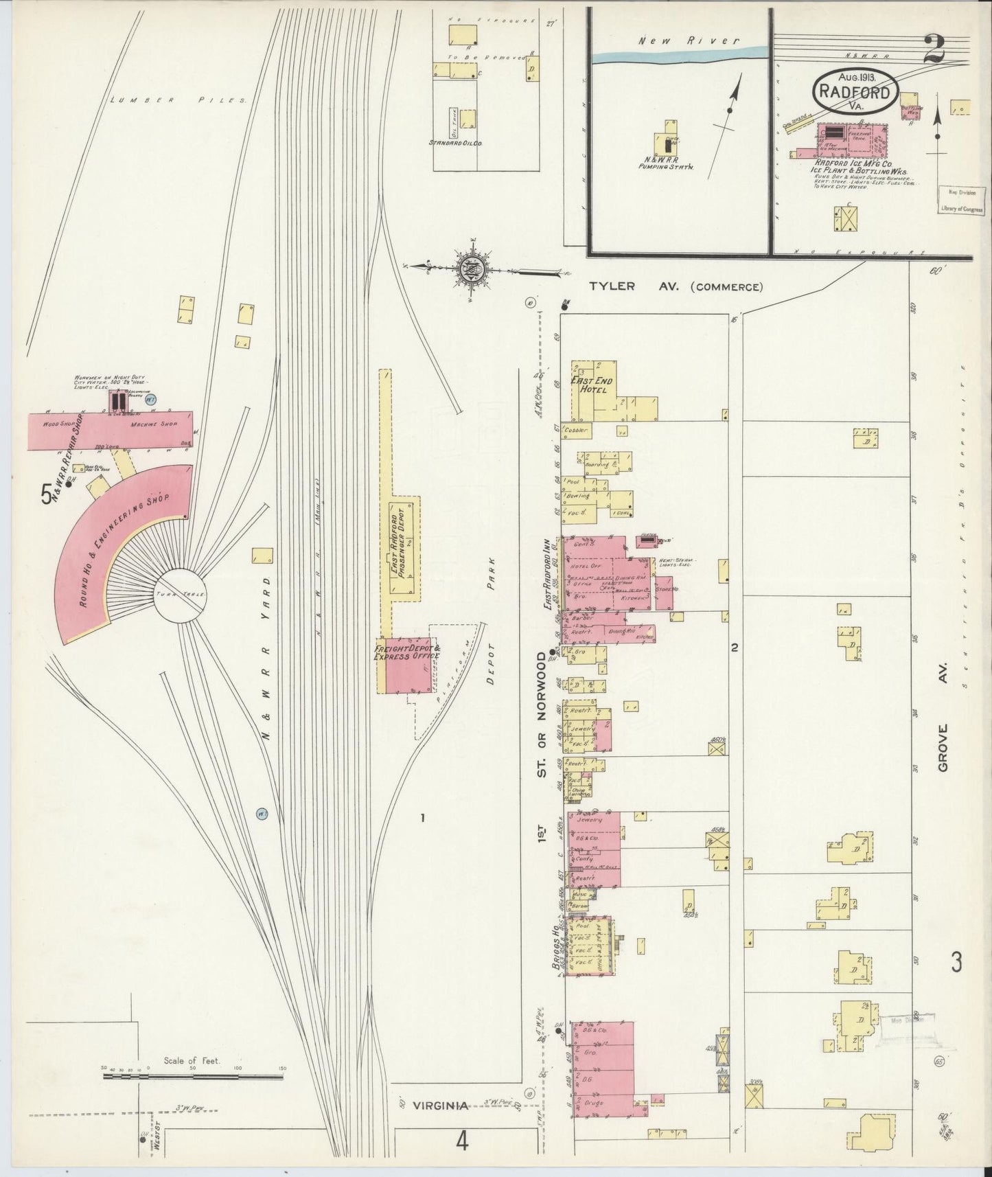 Sanborn Fire Insurance Map from Radford, Independent Cities, Virginia (1913), Sheet #0002 - Complete Map Set gallery image, historic Sanborn map, vintage wall art, Virginia Virginia
