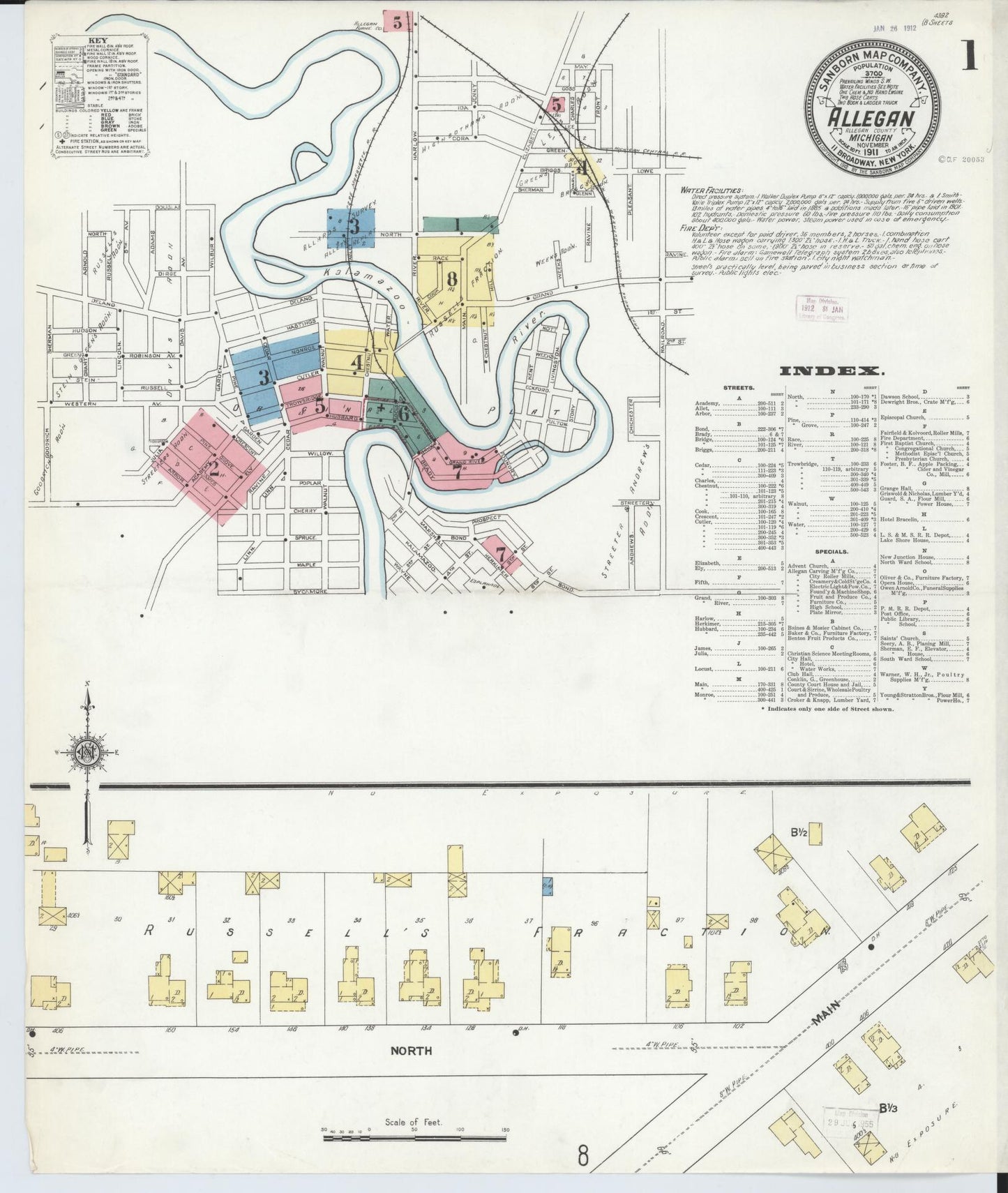 Sanborn Fire Insurance Map from Allegan, Allegan County, Michigan (1911), Sheet #0001 - Historic Sanborn Fire Insurance Map Print, vintage old map wall art, antique decor, genealogy gift, Michigan Michigan map