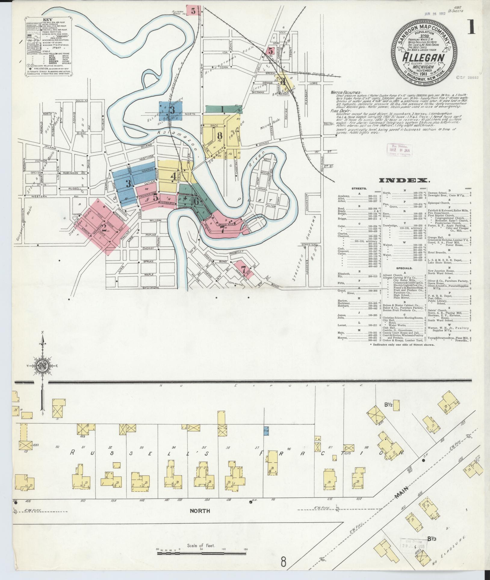 Sanborn Fire Insurance Map from Allegan, Allegan County, Michigan (1911), Sheet #0001 - Historic Sanborn Fire Insurance Map Print, vintage old map wall art, antique decor, genealogy gift, Michigan Michigan map