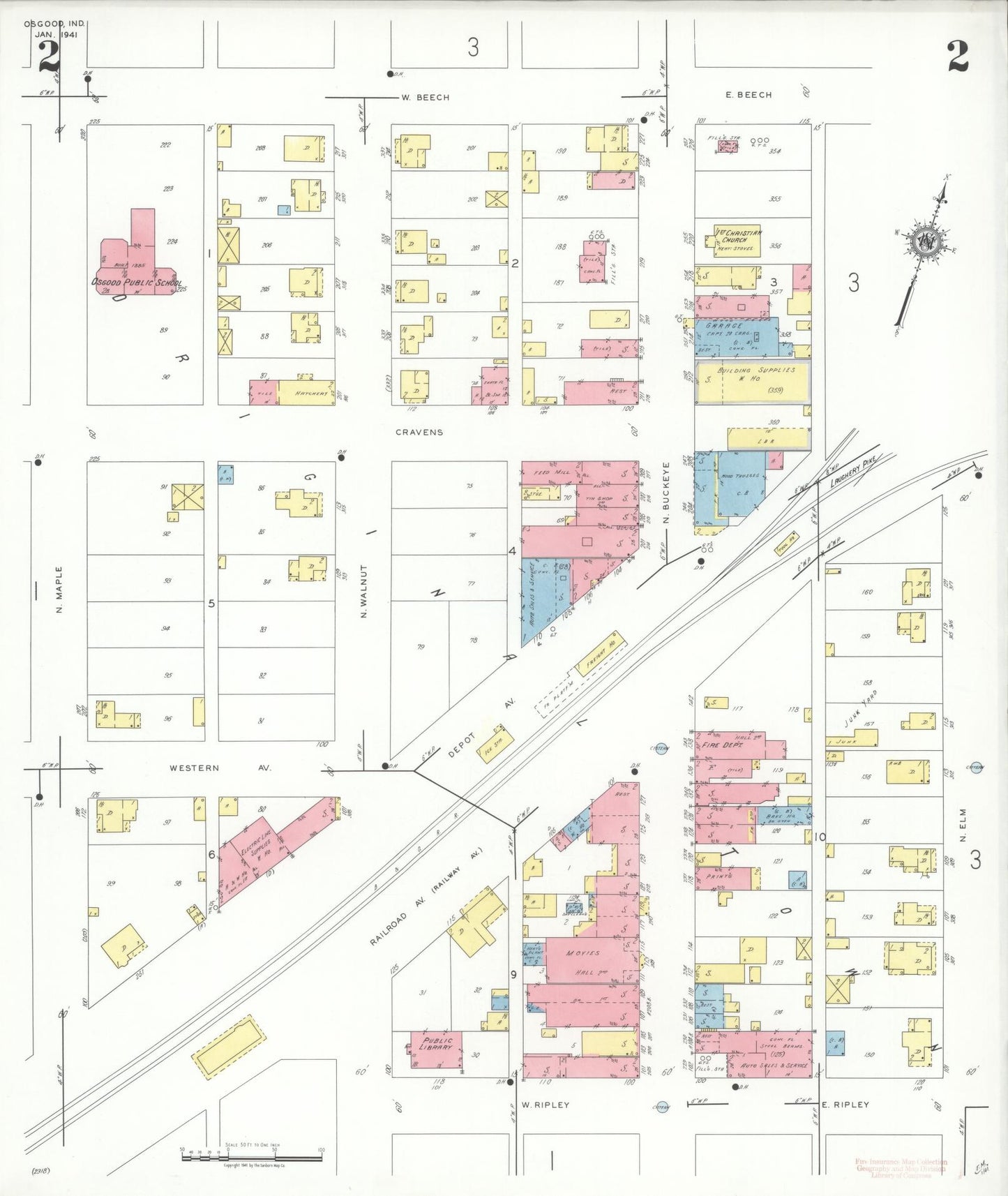Sanborn Fire Insurance Map from Osgood, Ripley County, Indiana (1941), Sheet #0002 - Complete Map Set gallery image, historic Sanborn map, vintage wall art, Indiana Indiana