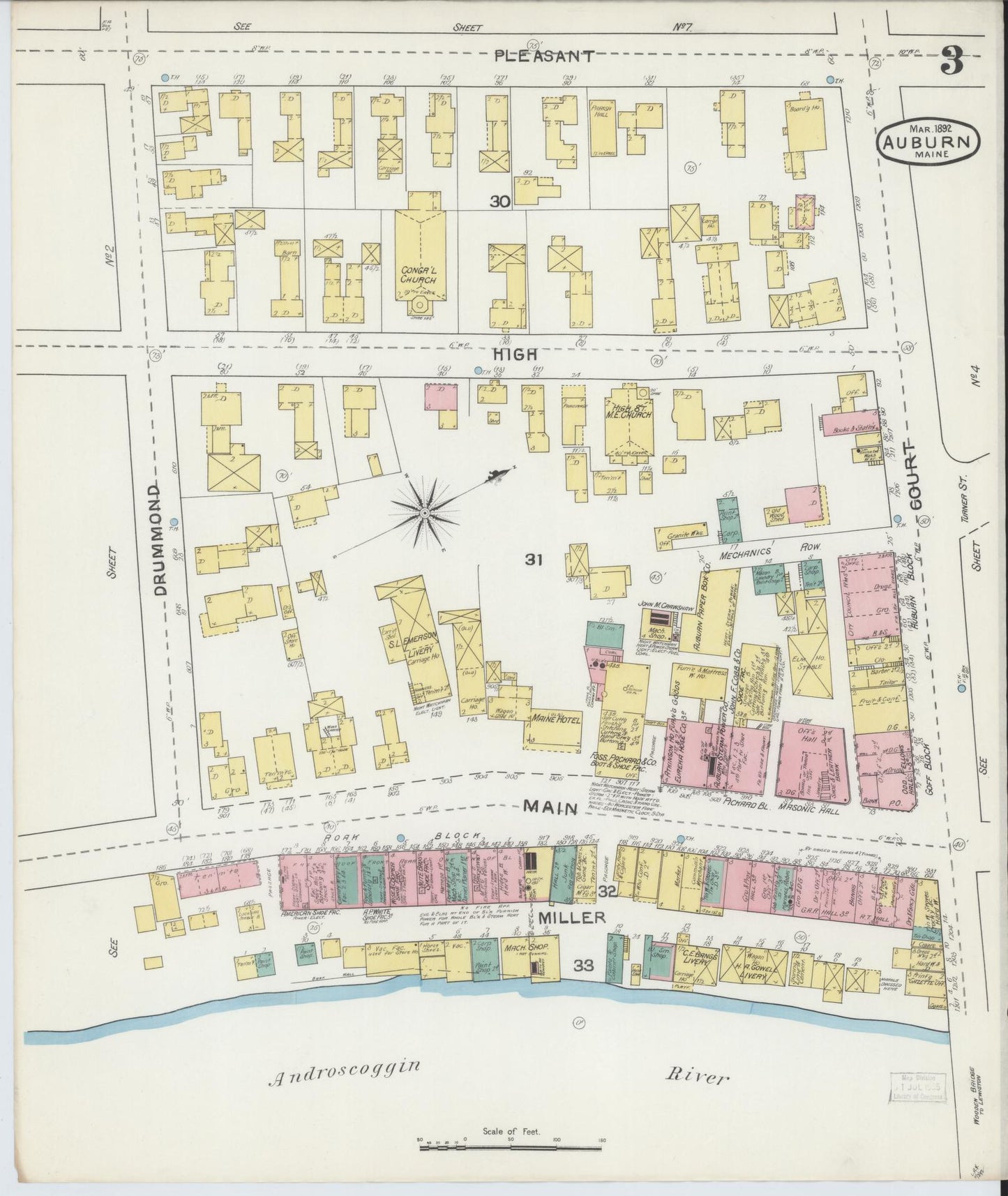 Sanborn Fire Insurance Map from Auburn, Androscoggin County, Maine (1892), Sheet #0003 - Historic Sanborn Fire Insurance Map Print, vintage old map wall art, antique decor, genealogy gift, Maine Maine map