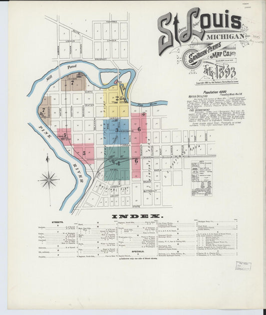 Sanborn Fire Insurance Map from Saint Louis, Gratiot County, Michigan (1893), Sheet #0001 - Historic Sanborn Fire Insurance Map Print, vintage old map wall art, antique decor, genealogy gift, Michigan Michigan map