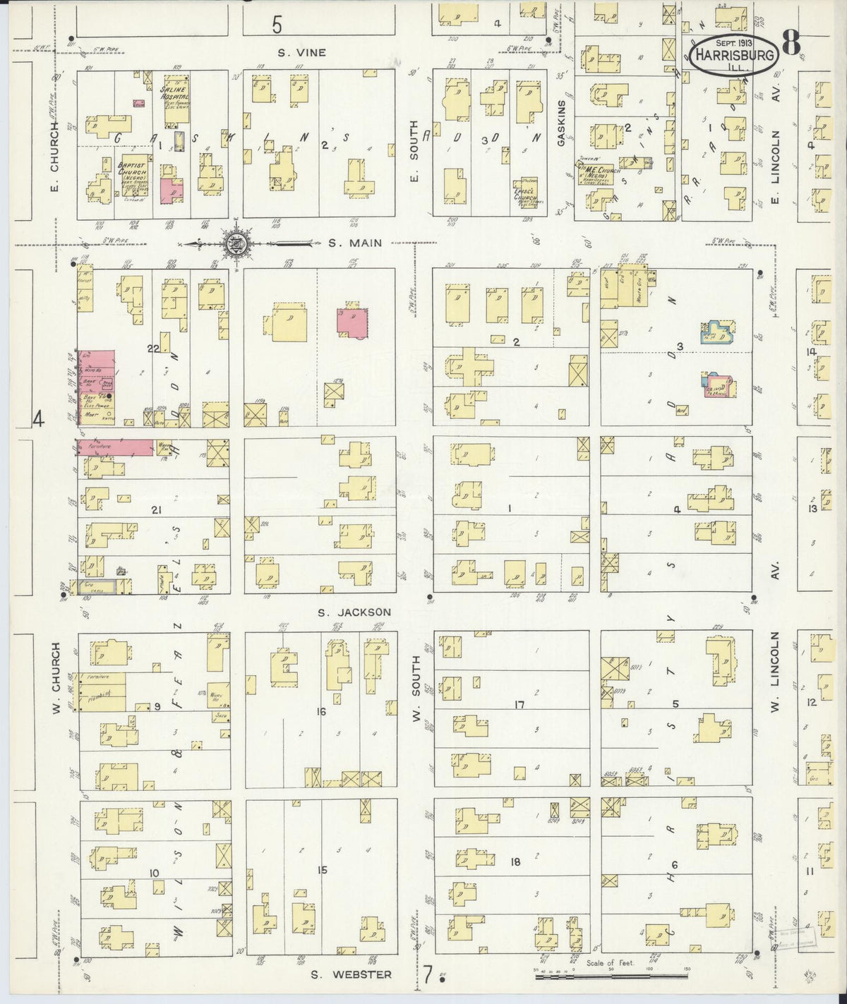 Sanborn Fire Insurance Map from Harrisburg, Saline County, Illinois (1913), Sheet #0008 - Complete Map Set gallery image, historic Sanborn map, vintage wall art, Illinois Illinois