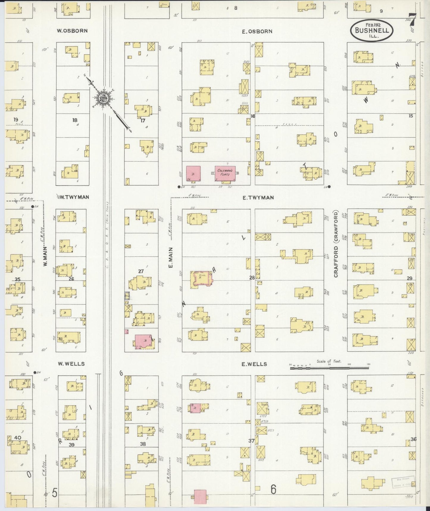 Sanborn Fire Insurance Map from Bushnell, Mcdonough County, Illinois (1912), Sheet #0007 - Complete Map Set gallery image, historic Sanborn map, vintage wall art, Illinois Illinois