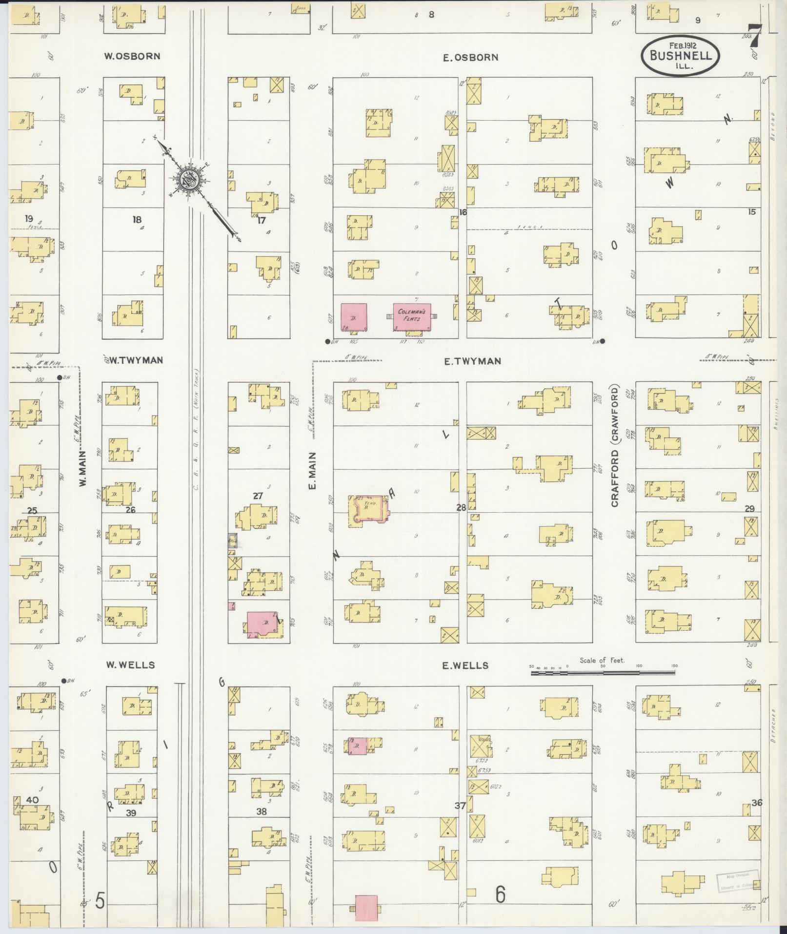 Sanborn Fire Insurance Map from Bushnell, Mcdonough County, Illinois (1912), Sheet #0007 - Complete Map Set gallery image, historic Sanborn map, vintage wall art, Illinois Illinois