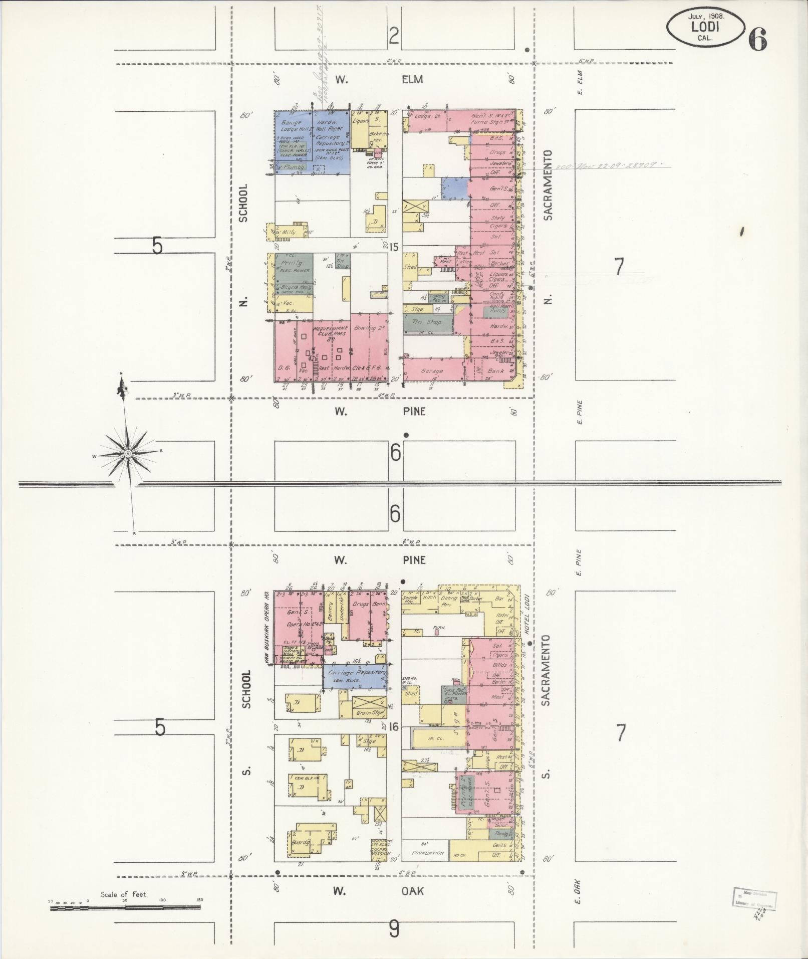 Sanborn Fire Insurance Map from Lodi, San Joaquin County, California (1908), Sheet #0006 - Historic Sanborn Fire Insurance Map Print, vintage old map wall art, antique decor, genealogy gift, California California map