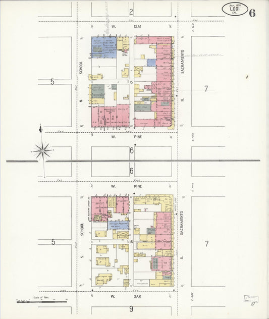 Sanborn Fire Insurance Map from Lodi, San Joaquin County, California (1908), Sheet #0006 - Historic Sanborn Fire Insurance Map Print, vintage old map wall art, antique decor, genealogy gift, California California map