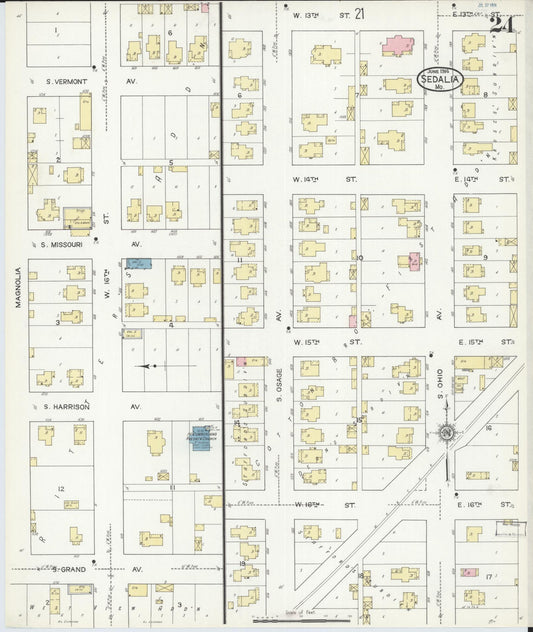 Sanborn Fire Insurance Map from Sedalia, Pettis County, Missouri (1914), Sheet #0024 - Historic Sanborn Fire Insurance Map Print, vintage old map wall art, antique decor, genealogy gift, Missouri Missouri map