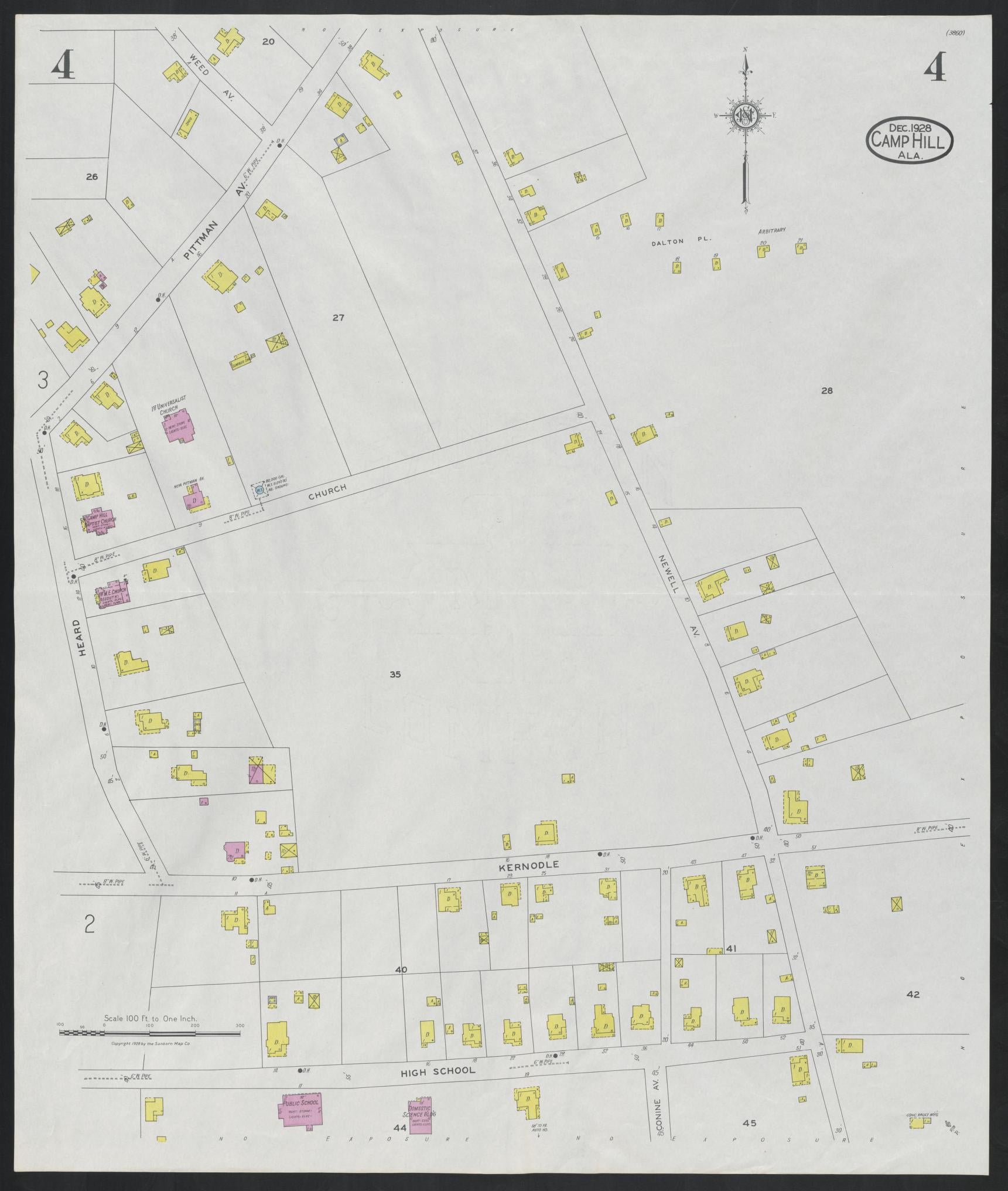 Sanborn Fire Insurance Map from Camp Hill, Tallapoosa County, Alabama (1928), Sheet #0004 - Historic Sanborn Fire Insurance Map Print, vintage old map wall art, antique decor, genealogy gift, Alabama Alabama map